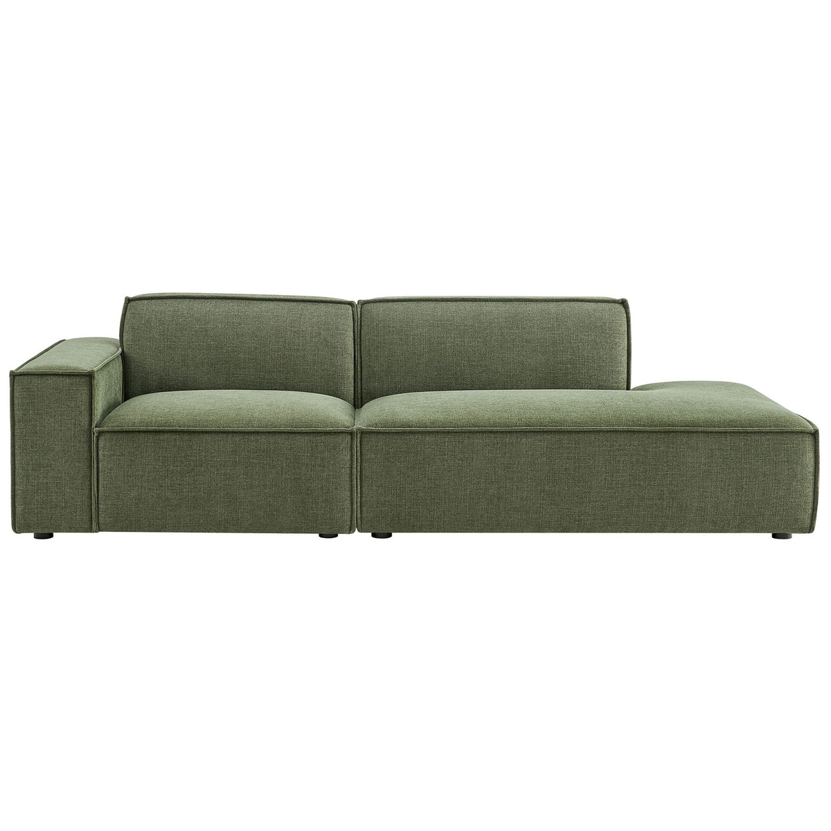 Low profile green modular loveseat with wide seat cushions and clean tailored lines for modern living rooms || EEI-7425-FOL || front_studio