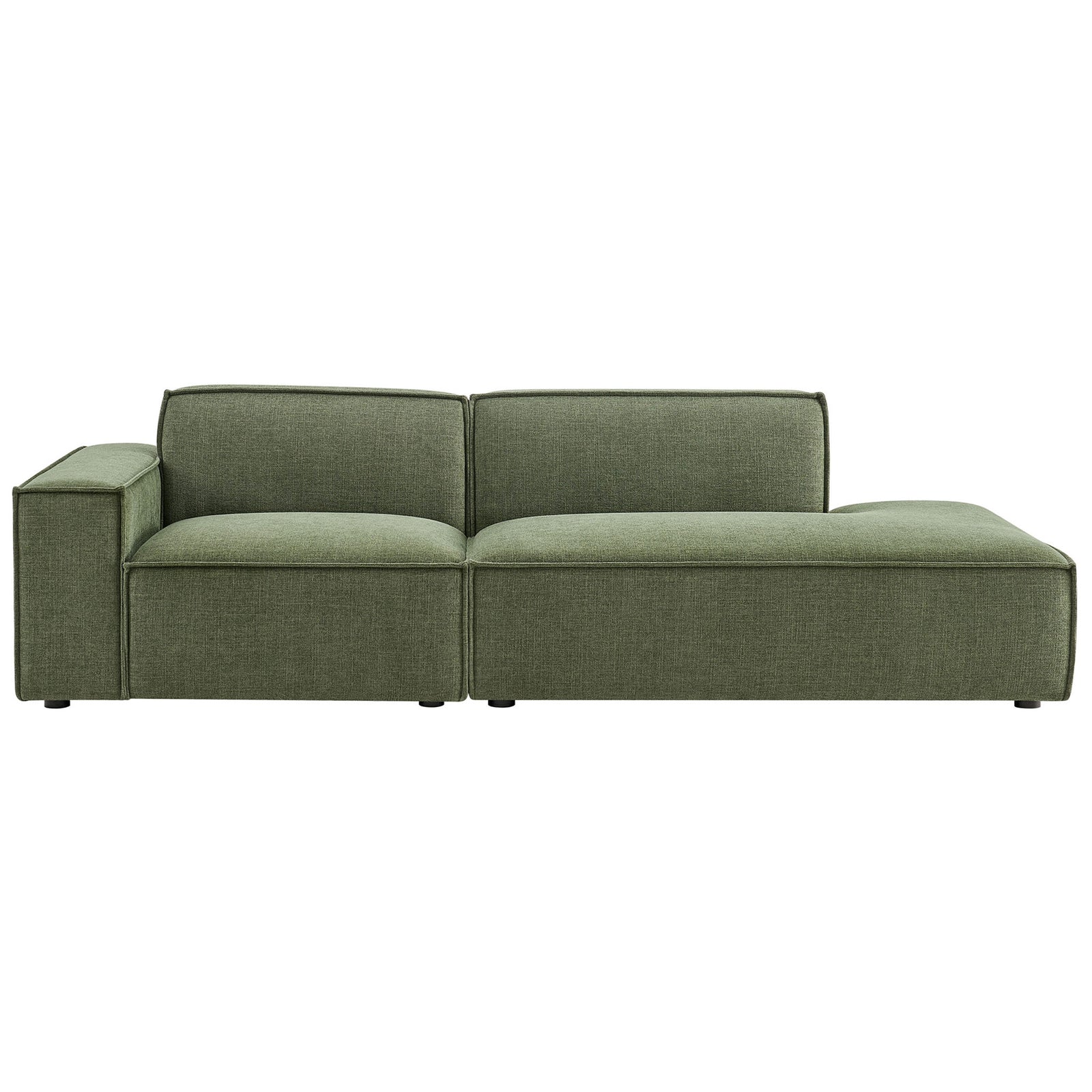 Low profile green modular loveseat with wide seat cushions and clean tailored lines for modern living rooms || EEI-7425-FOL || front_studio