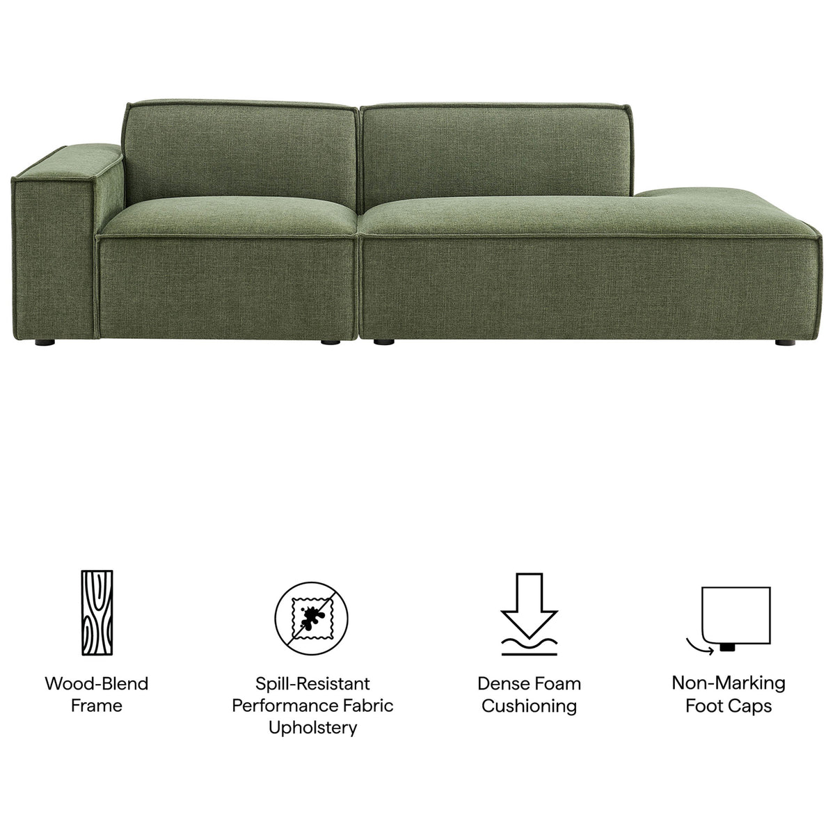 Green modular loveseat with icons highlighting wood-blend frame, performance fabric, foam, and foot caps || EEI-7425-FOL || callout_studio