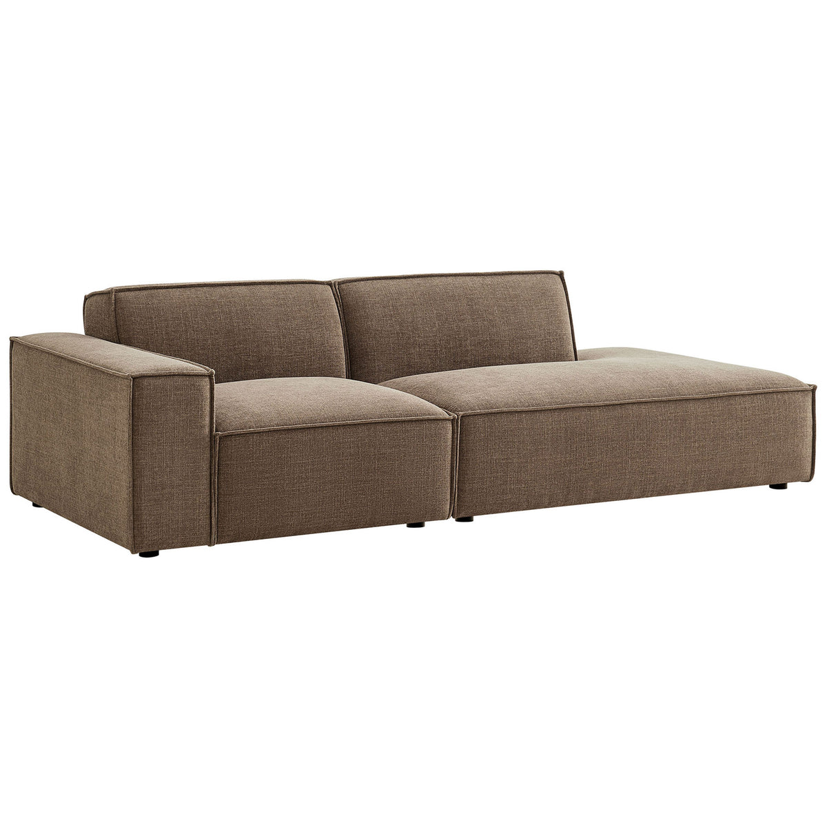 Mocha performance fabric modular loveseat with left arm and right chaise for relaxed lounging || EEI-7425-MOC || front_angle_studio
