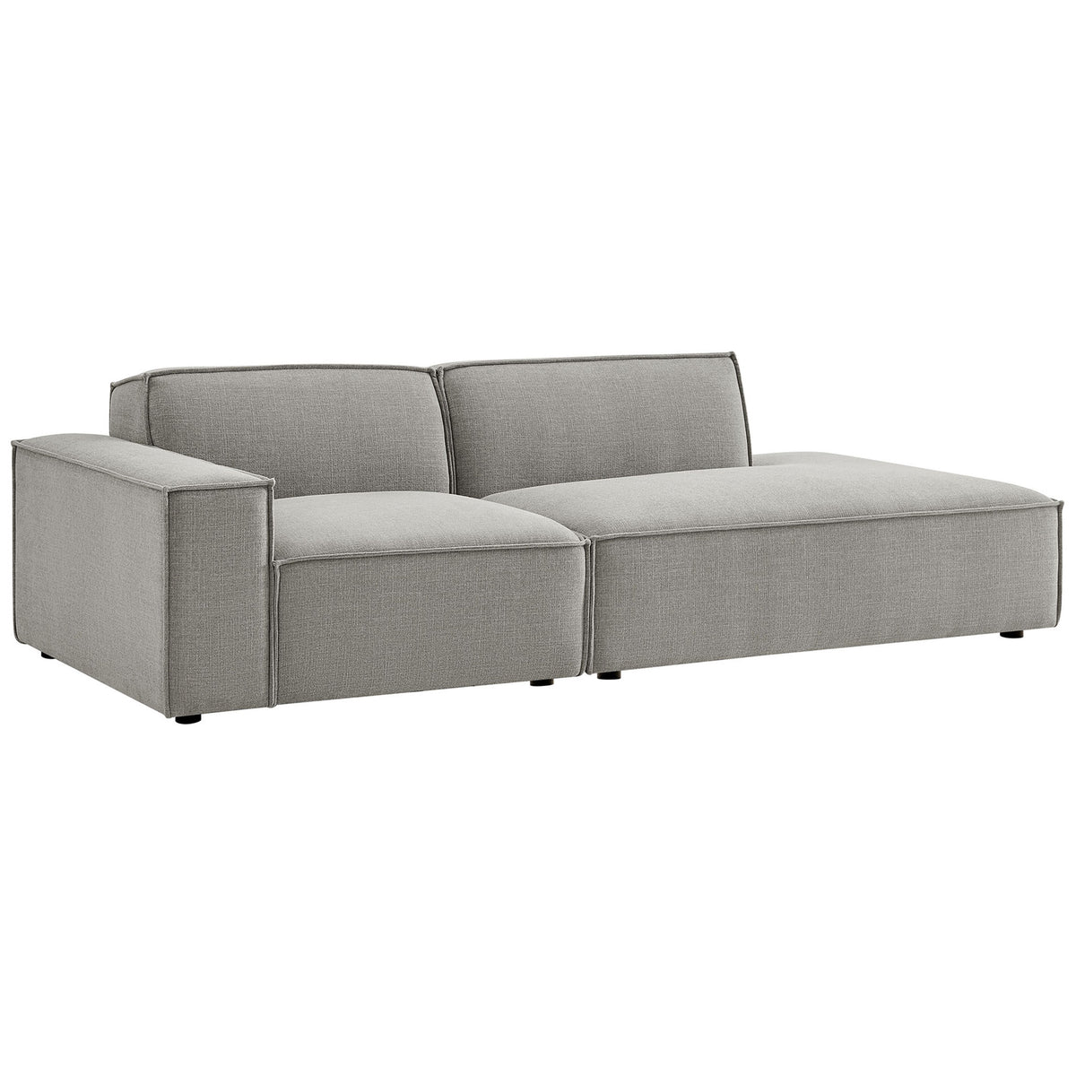 Pewter modular loveseat with left armrest and roomy right chaise in soft performance fabric upholstery. || EEI-7425-PEW || front_angle_studio
