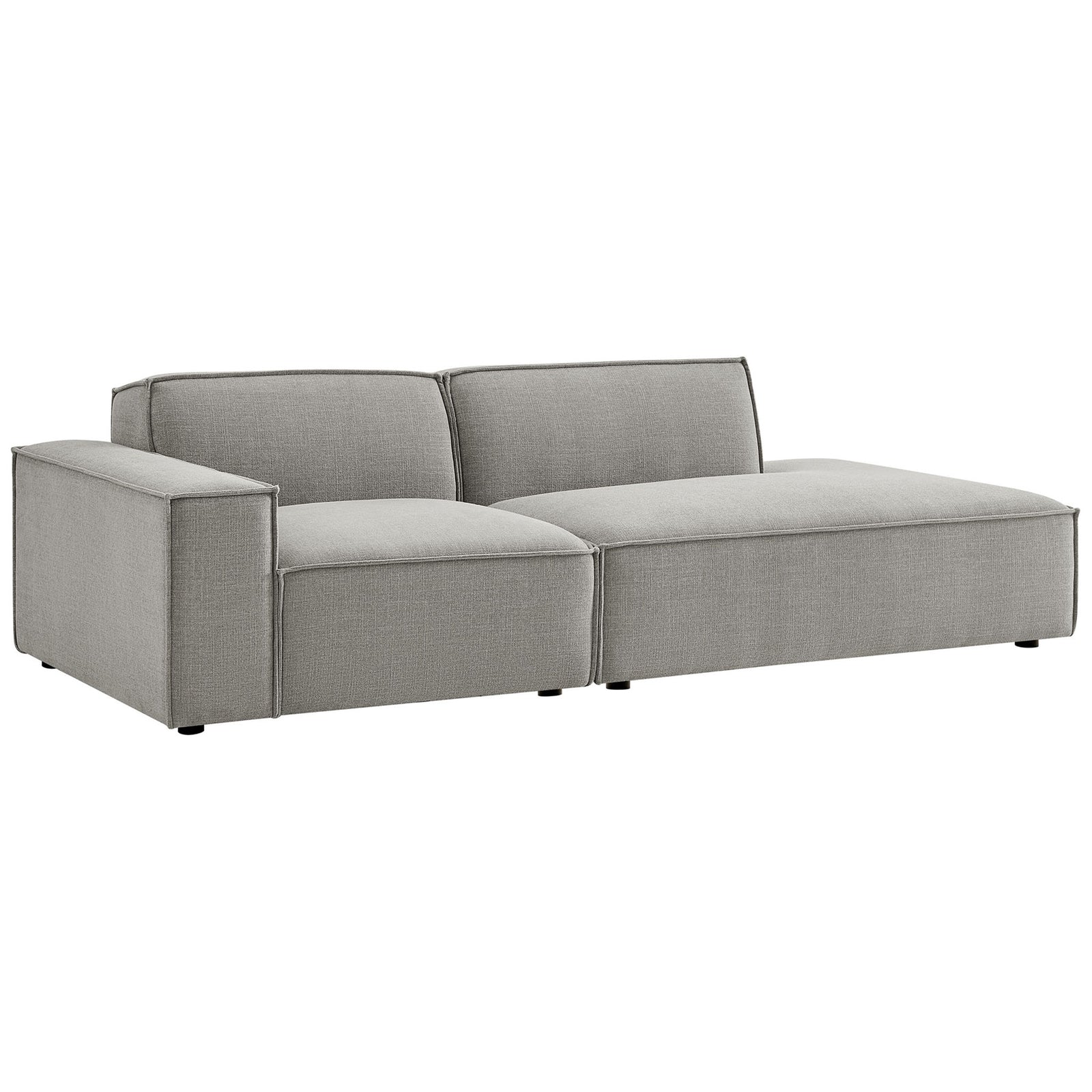 Pewter modular loveseat with left armrest and roomy right chaise in soft performance fabric upholstery. || EEI-7425-PEW || front_angle_studio