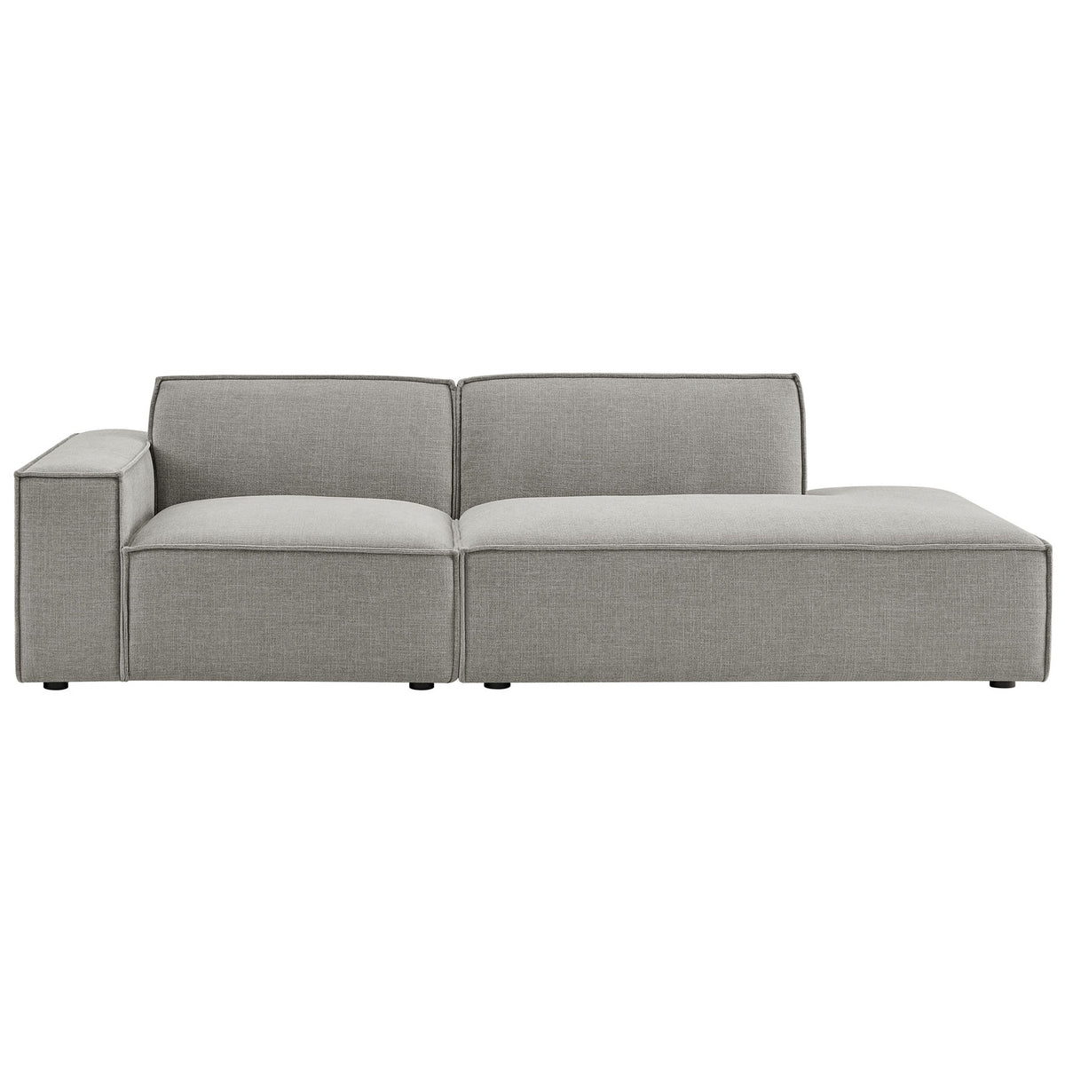 Front view of pewter modular loveseat with left arm and extended right chaise lounge. || EEI-7425-PEW || front_studio
