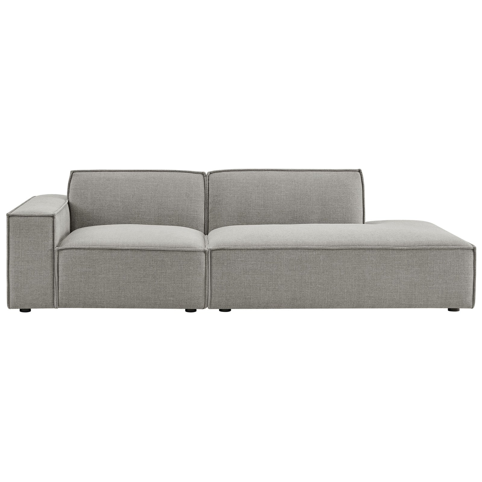 Front view of pewter modular loveseat with left arm and extended right chaise lounge. || EEI-7425-PEW || front_studio