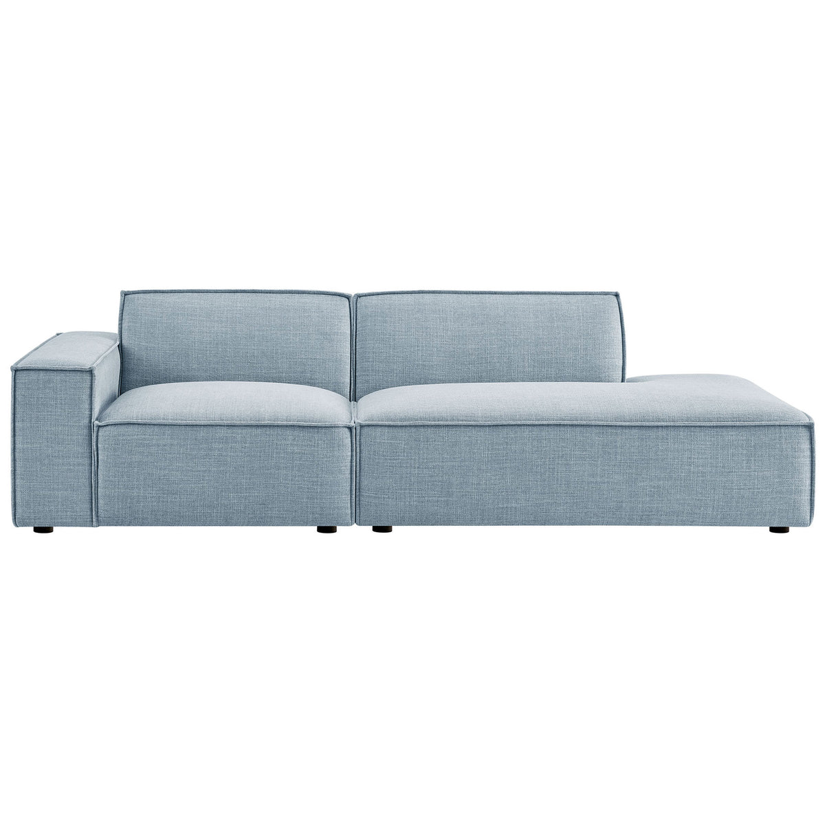 Sky blue modular loveseat with left armrest and right chaise in performance fabric upholstery || EEI-7425-SKY || front_studio
