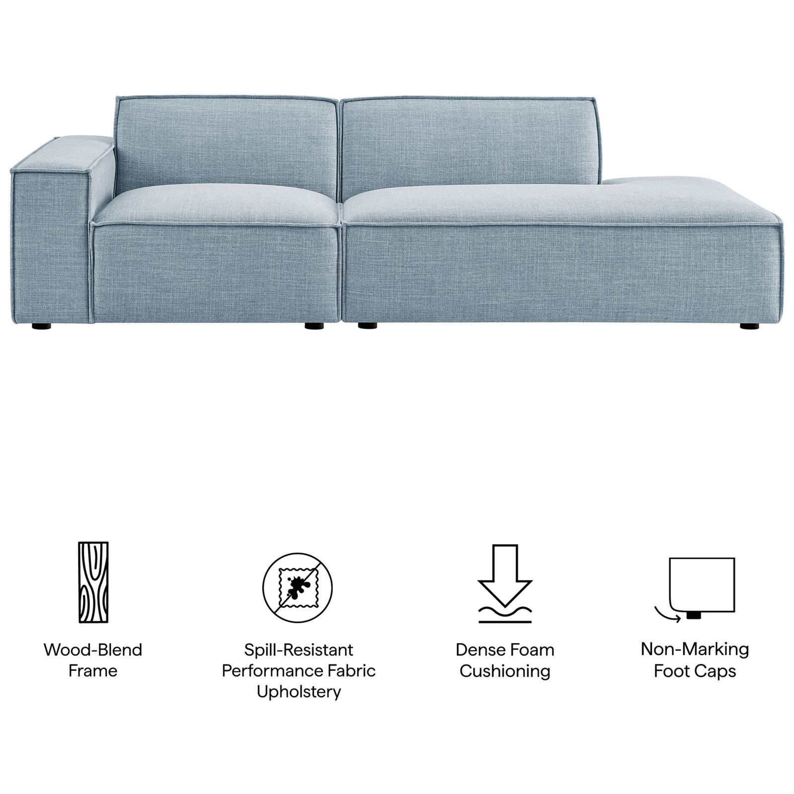 Restore loveseat features spill resistant fabric, dense foam support, wood blend frame, and non marking foot caps || EEI-7425-SKY || callout_studio