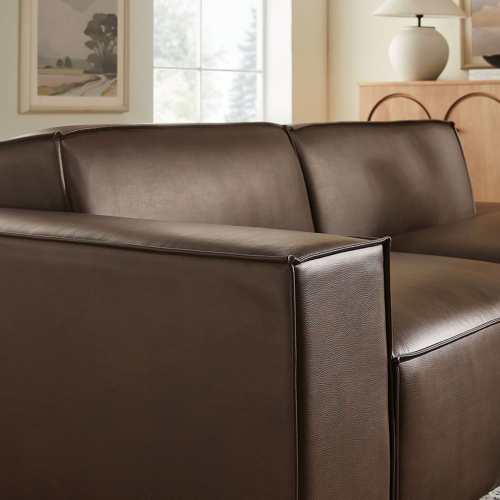 Espresso vegan leather arm and back cushions with smooth texture and tailored piping || EEI-7426-ESP || detail_room