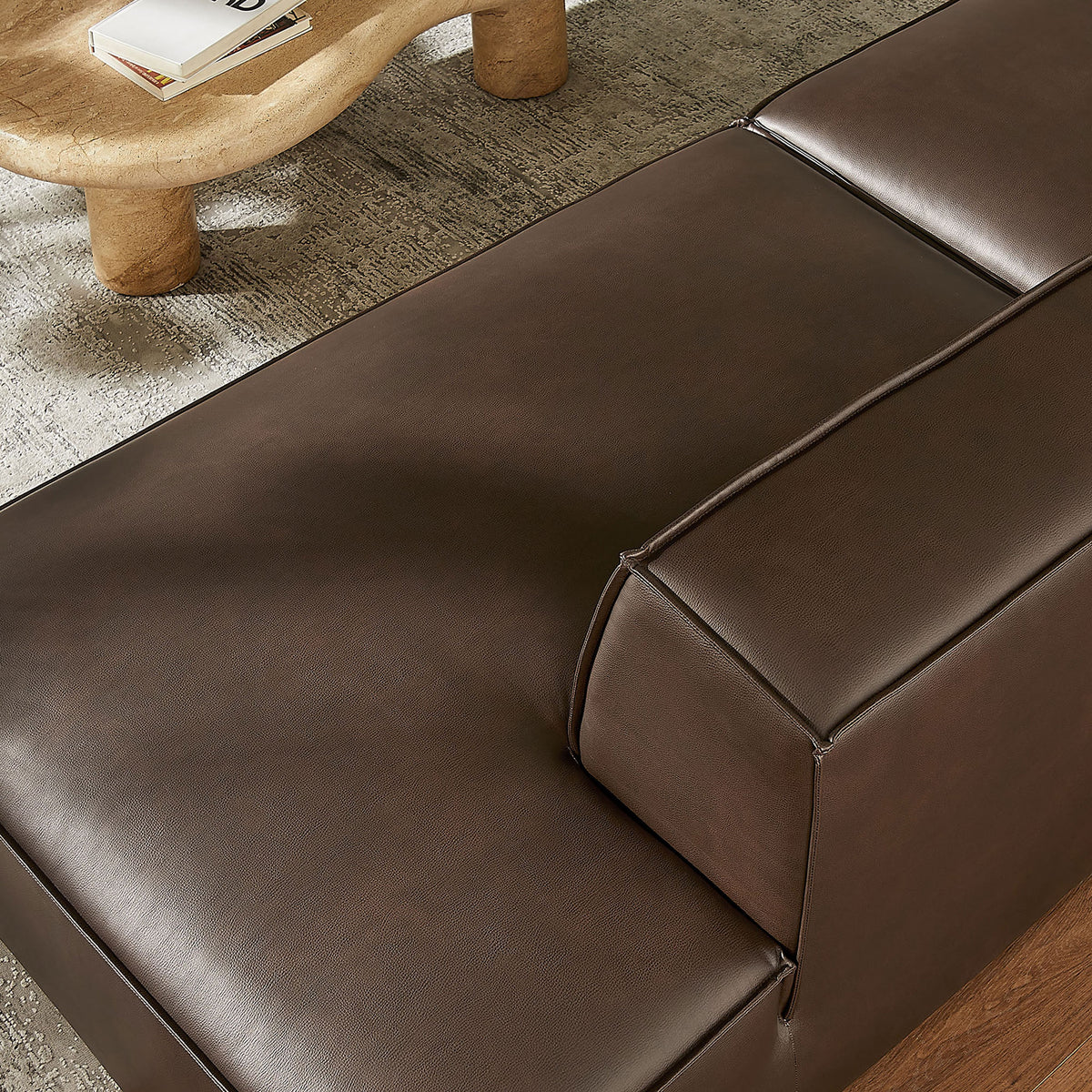 Espresso vegan leather seat cushions with subtle French piping and plush padding || EEI-7426-ESP || detail_room
