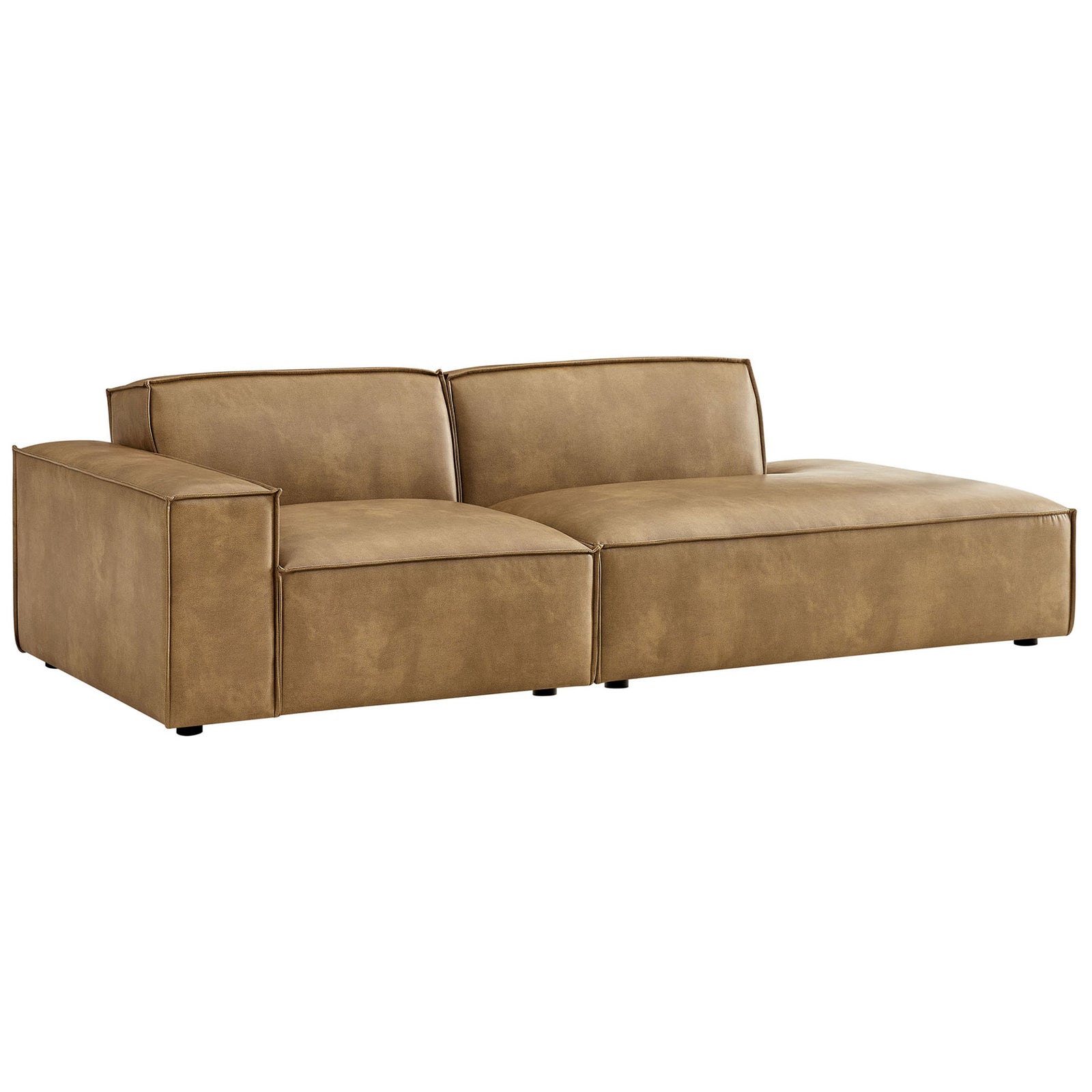 Low-profile toast vegan leather modular loveseat with wide chaise and tailored French piping. || EEI-7426-TST || front_angle_studio