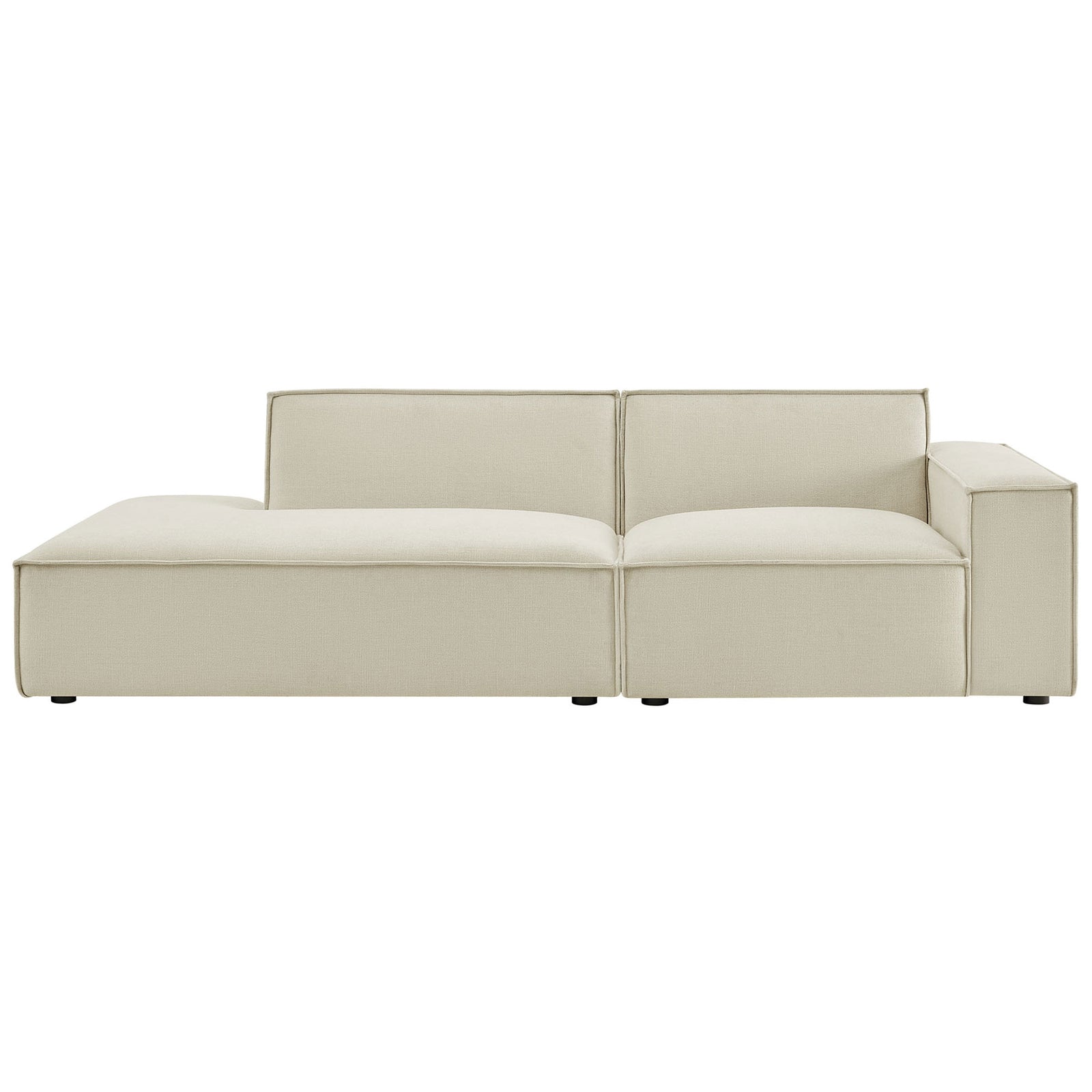Ecru modular loveseat with right armrest and wide left chaise for modern, low-profile seating || EEI-7427-ECR || front_studio