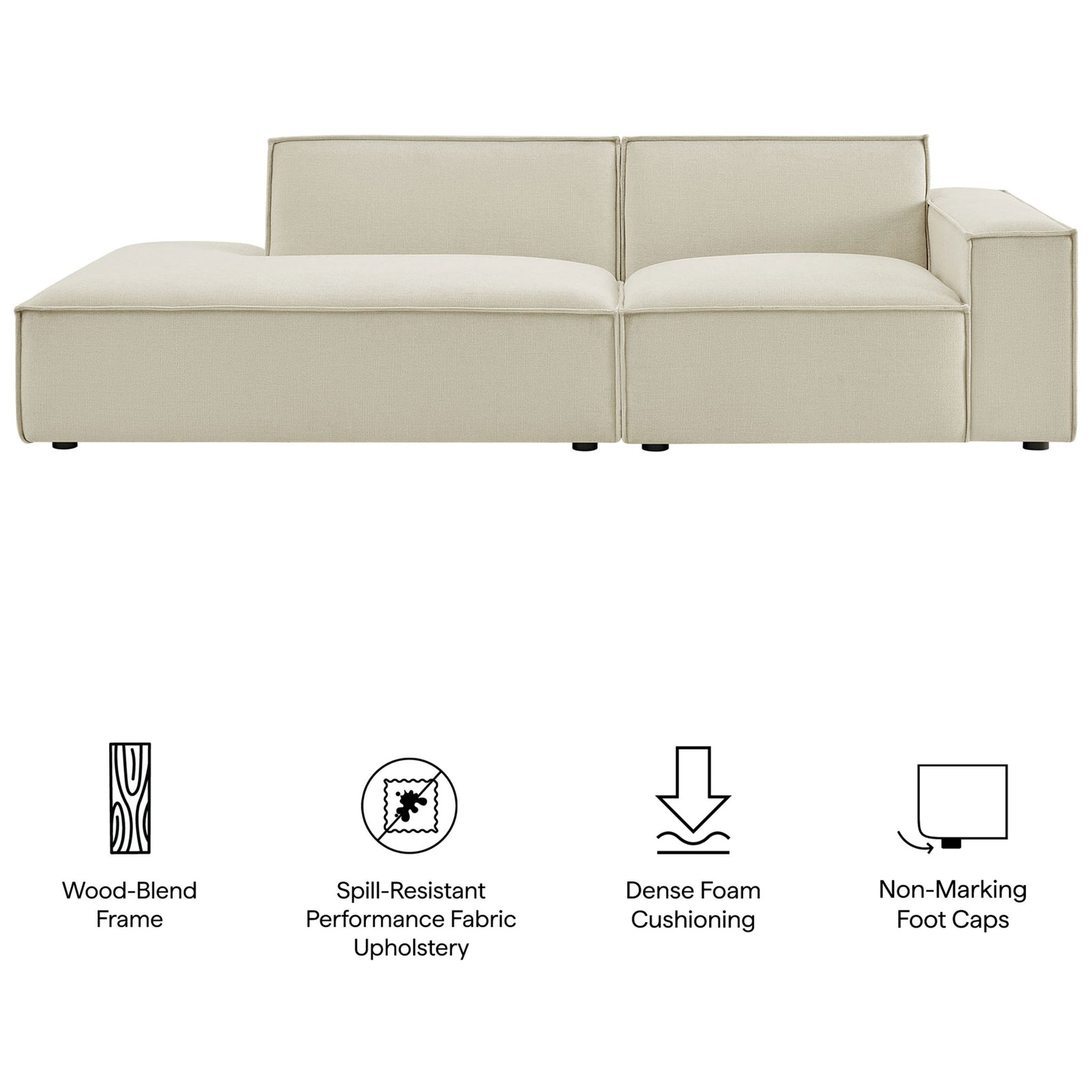 Restore modular loveseat spotlighting its wood-blend frame, spill-resistant fabric, and supportive cushioning || EEI-7427-ECR || callout_studio
