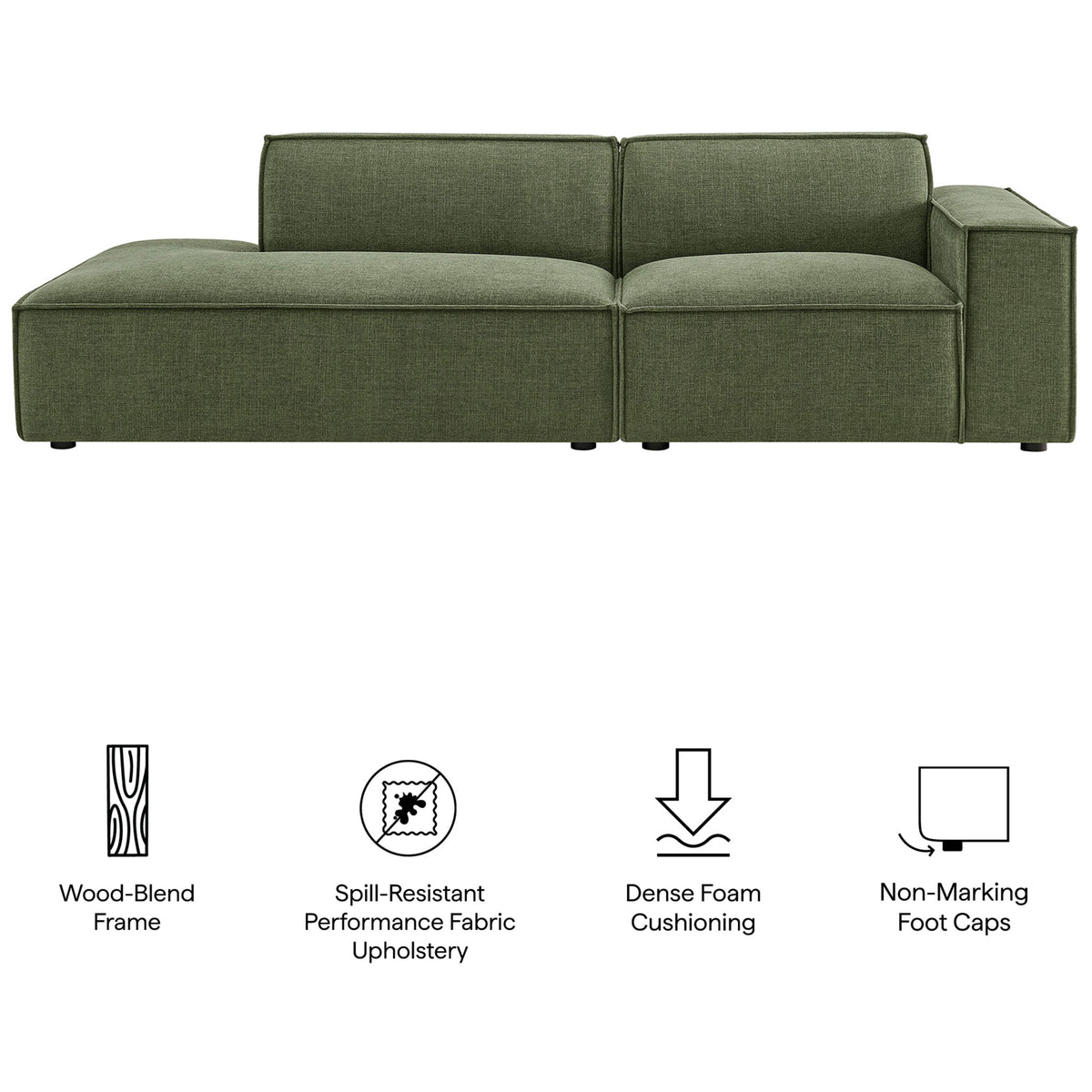 Green modular loveseat with icons calling out wood-blend frame, performance fabric, foam, and foot caps || EEI-7427-FOL || callout_studio