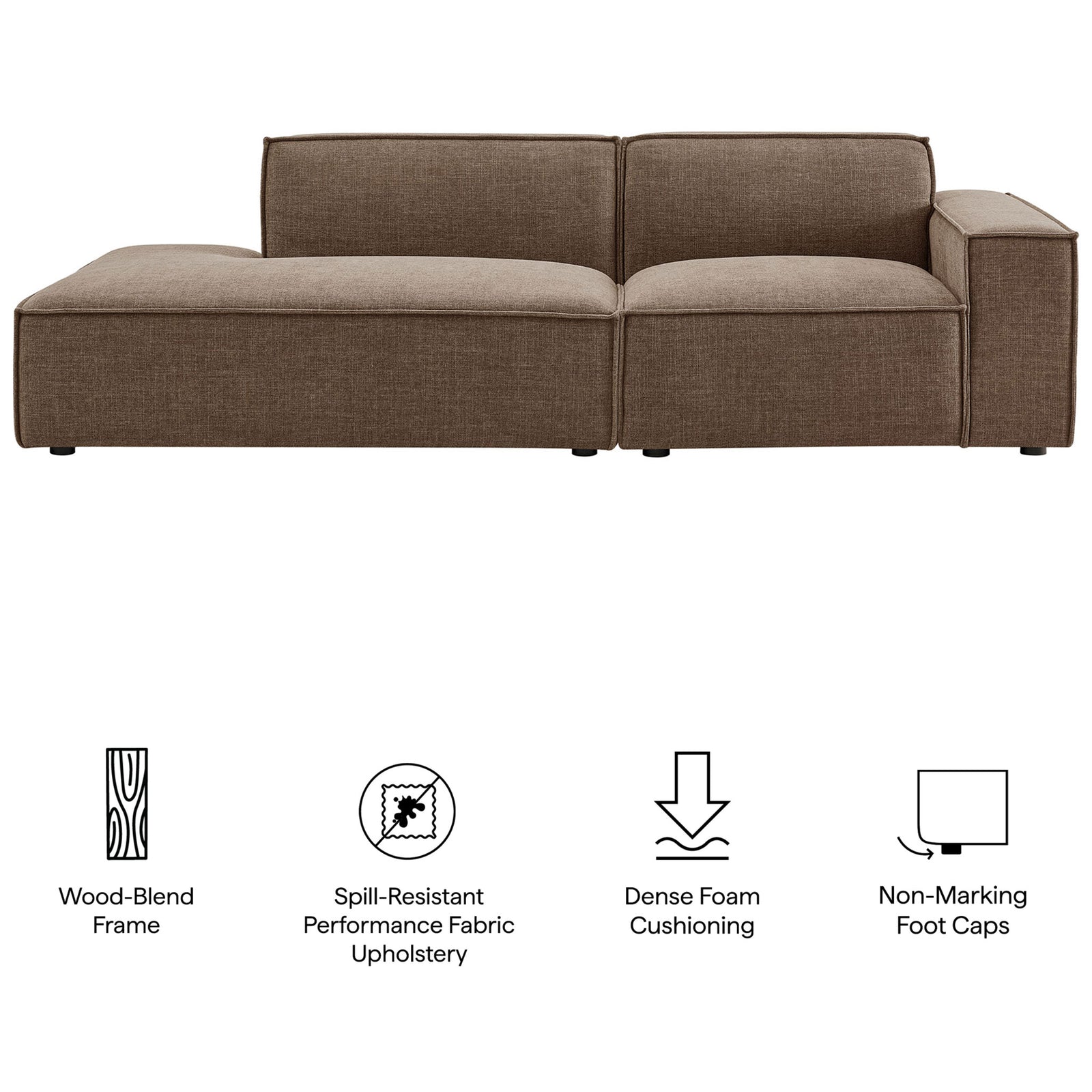 Key features of mocha modular loveseat including spill resistant upholstery and non marking feet || EEI-7427-MOC || callout_studio