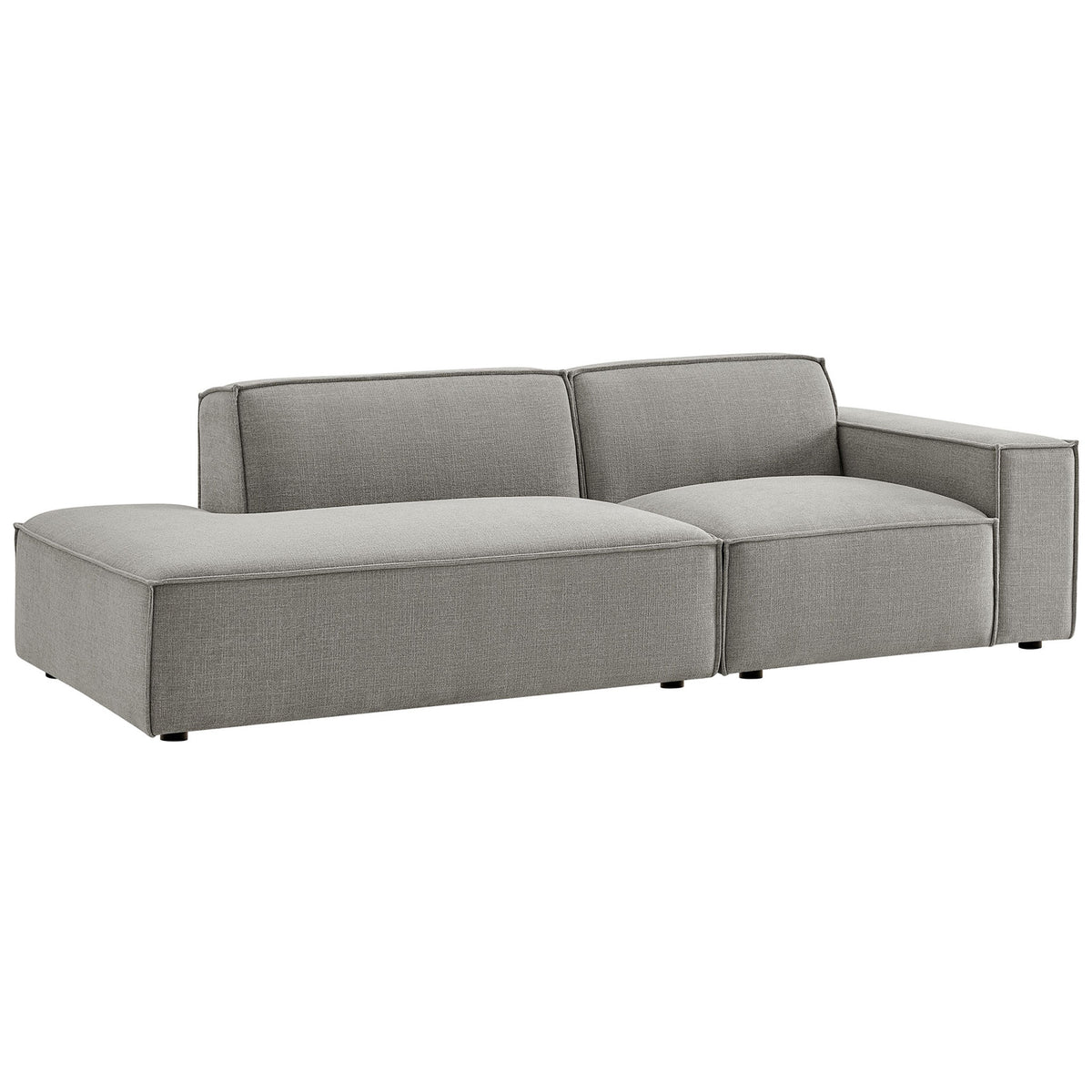 Pewter modular loveseat with right armrest and roomy left chaise in soft performance fabric upholstery. || EEI-7427-PEW || front_angle_studio