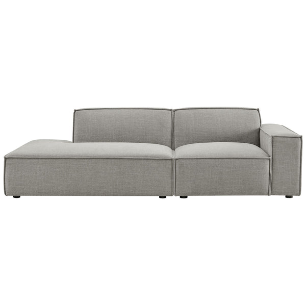 Front view of pewter modular loveseat with right arm and extended left chaise lounge. || EEI-7427-PEW || front_studio