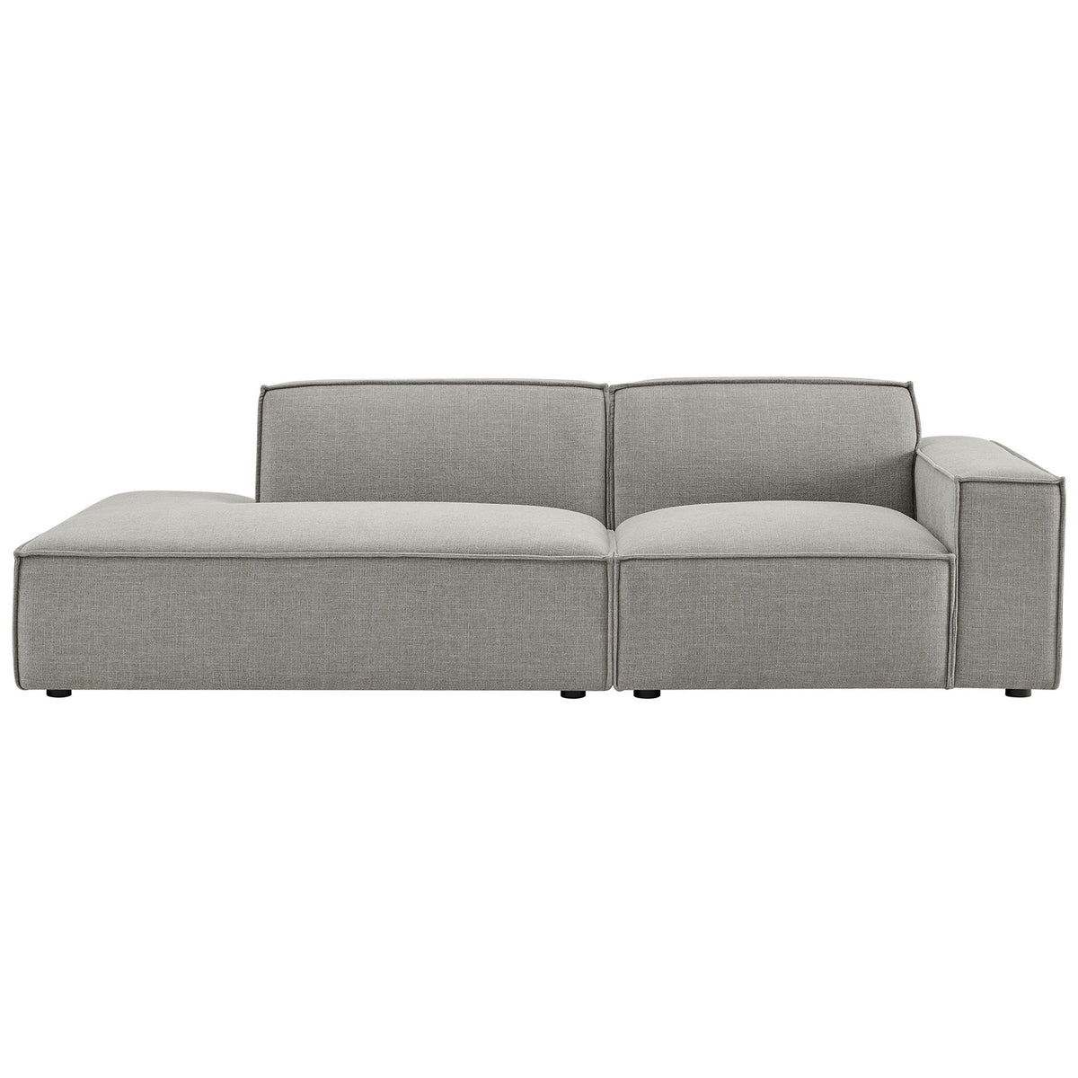 Front view of pewter modular loveseat with right arm and extended left chaise lounge. || EEI-7427-PEW || front_studio