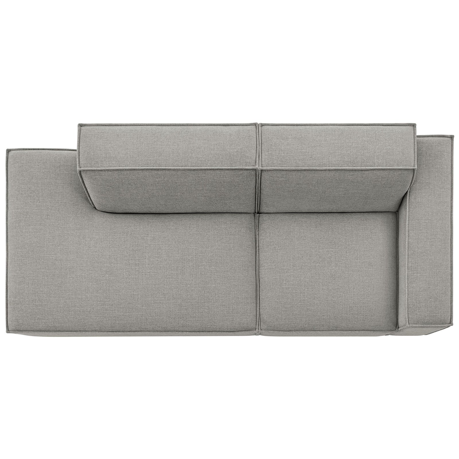 Overhead view of pewter modular loveseat highlighting sculpted left chaise and sleek arm profile. || EEI-7427-PEW || top_studio
