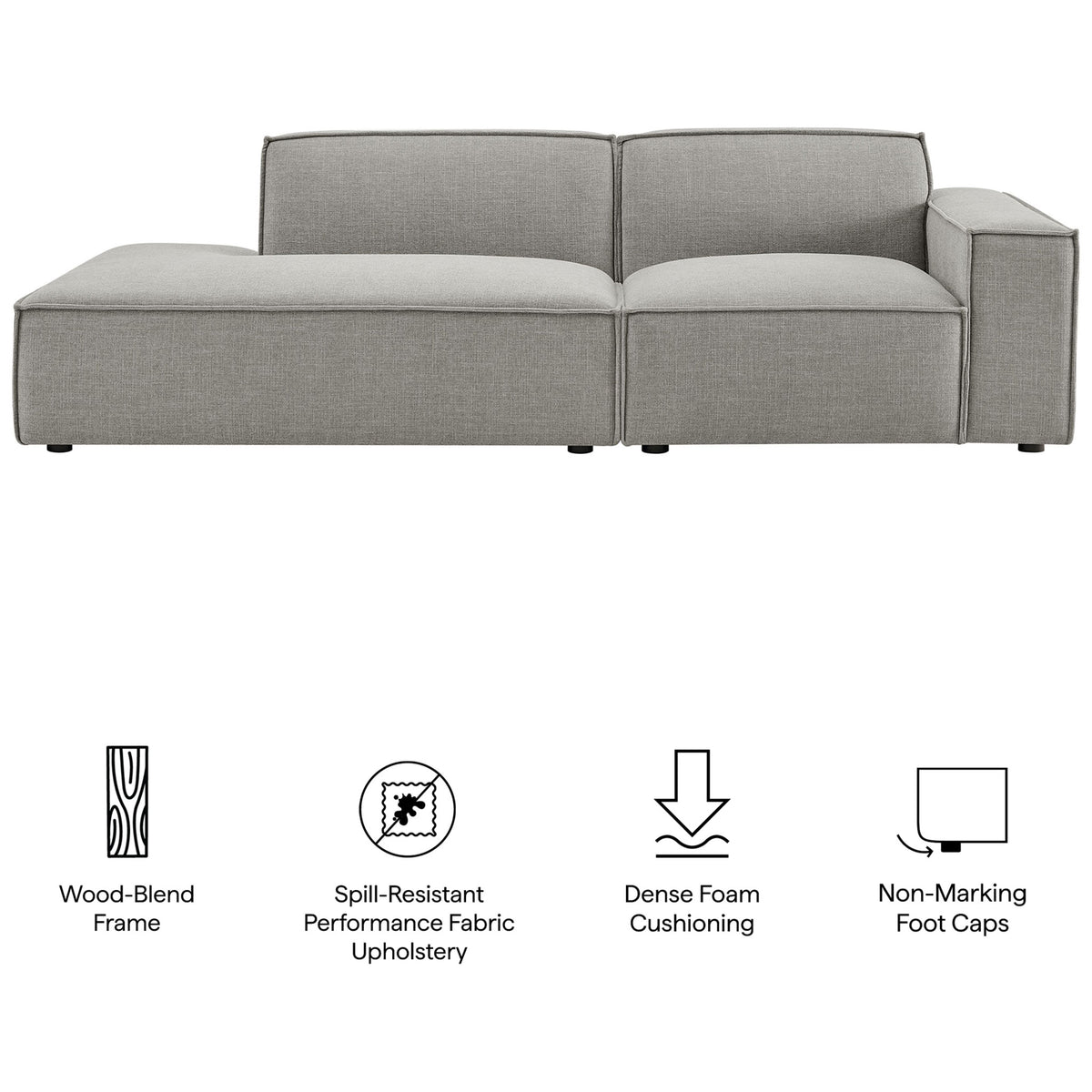 Feature graphic for the pewter modular loveseat emphasizing comfort, durability, and floor protection. || EEI-7427-PEW || callout_studio