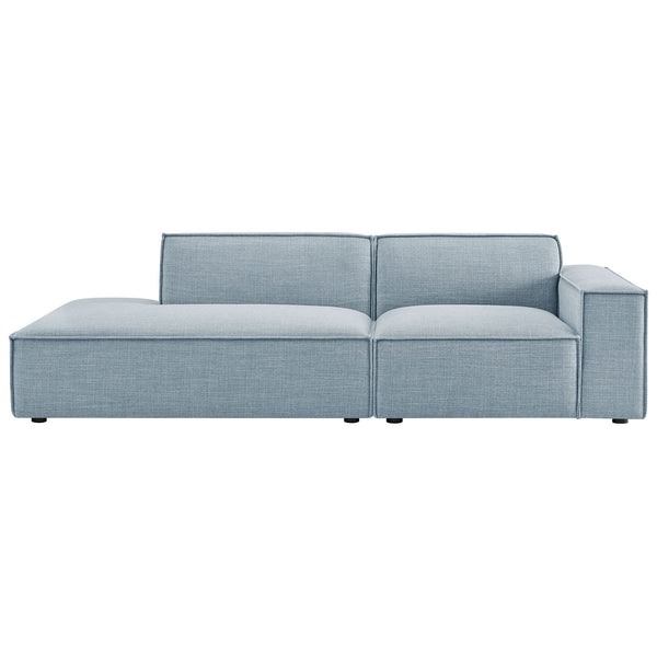 Sky blue modular loveseat with left chaise and right armrest in performance fabric upholstery || EEI-7427-SKY || front_studio