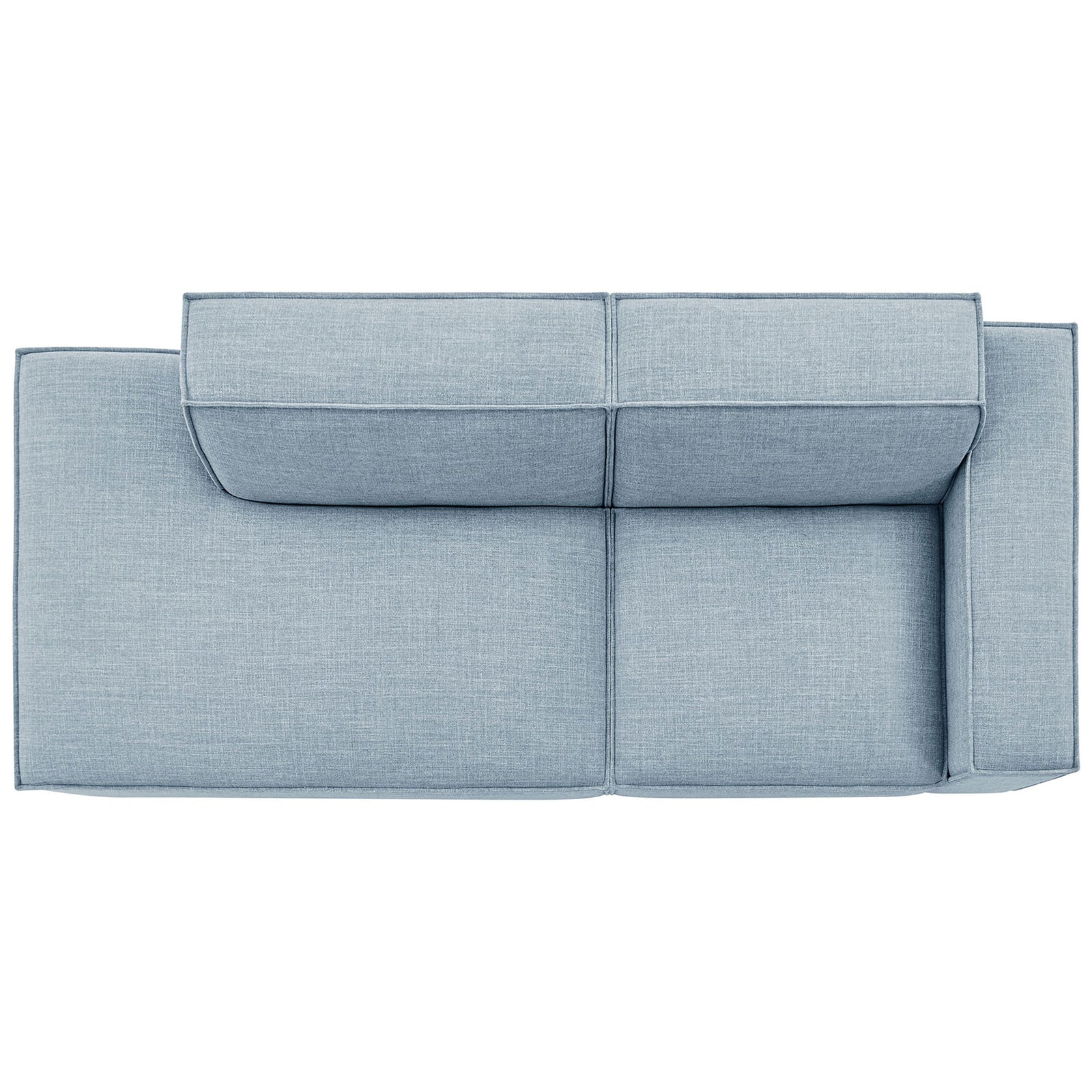 Modular loveseat in sky blue fabric highlighting the wide chaise and roomy seating for stretching out || EEI-7427-SKY || top_studio