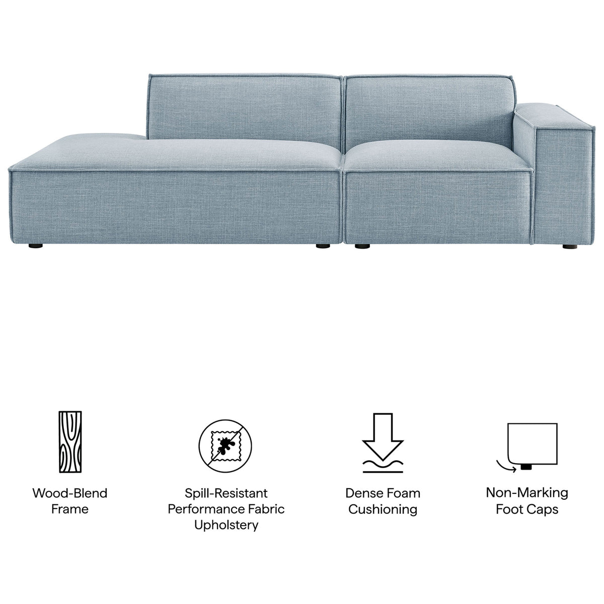 Restore loveseat combines a wood blend frame, spill resistant fabric, dense foam, and non marking foot caps || EEI-7427-SKY || callout_studio