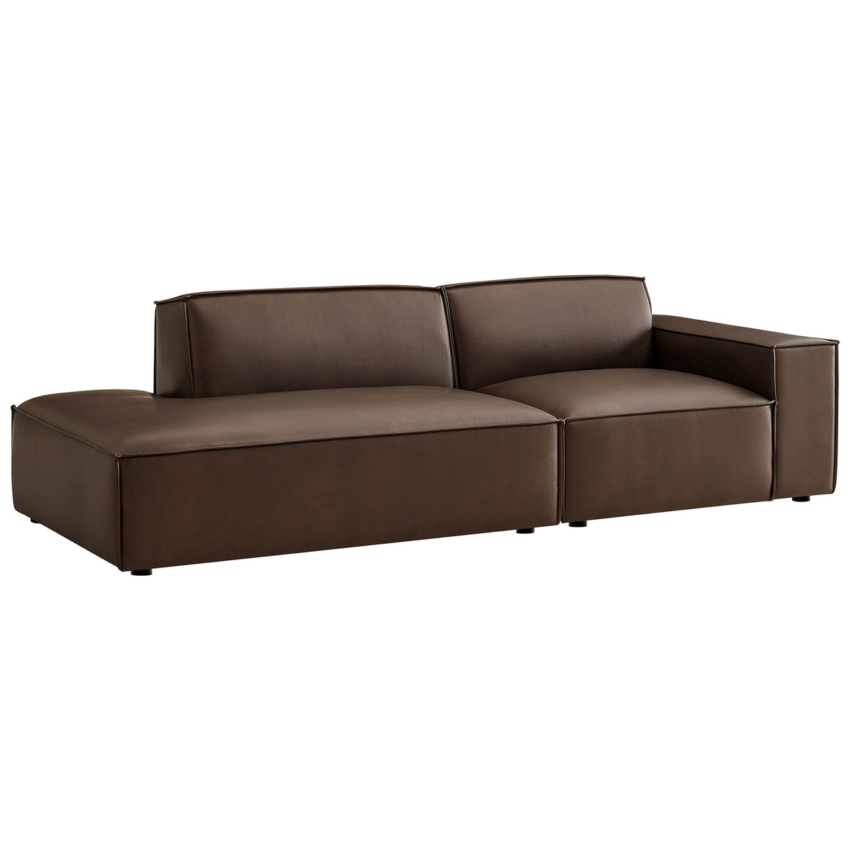 Espresso vegan leather modular loveseat with right armrest and expansive left chaise seat || EEI-7428-ESP || front_angle_studio