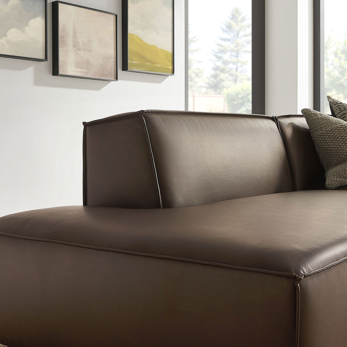Espresso vegan leather chaise section with supportive back cushion and accent pillows || EEI-7428-ESP || detail_room