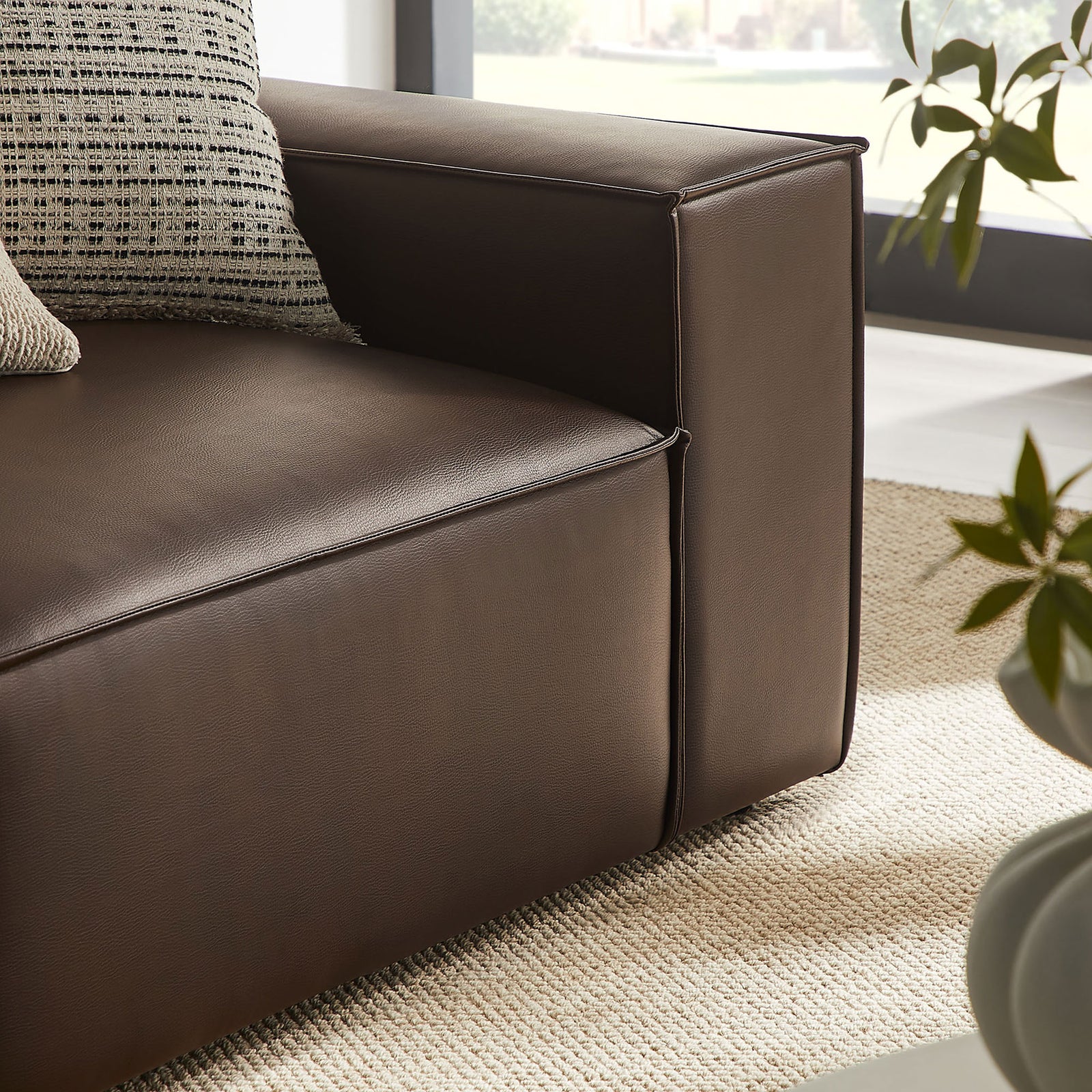 Espresso vegan leather armrest with crisp tailored seams and smooth contemporary finish || EEI-7428-ESP || detail_room