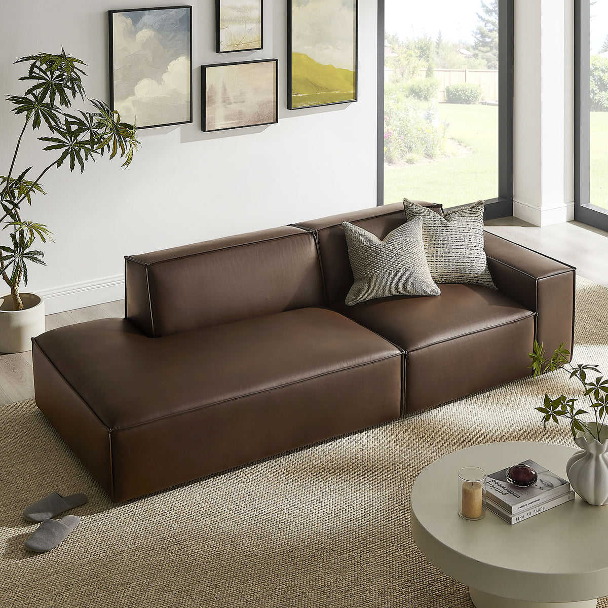 Espresso vegan leather modular loveseat anchoring a bright modern living room with left chaise || EEI-7428-ESP || front_angle_room