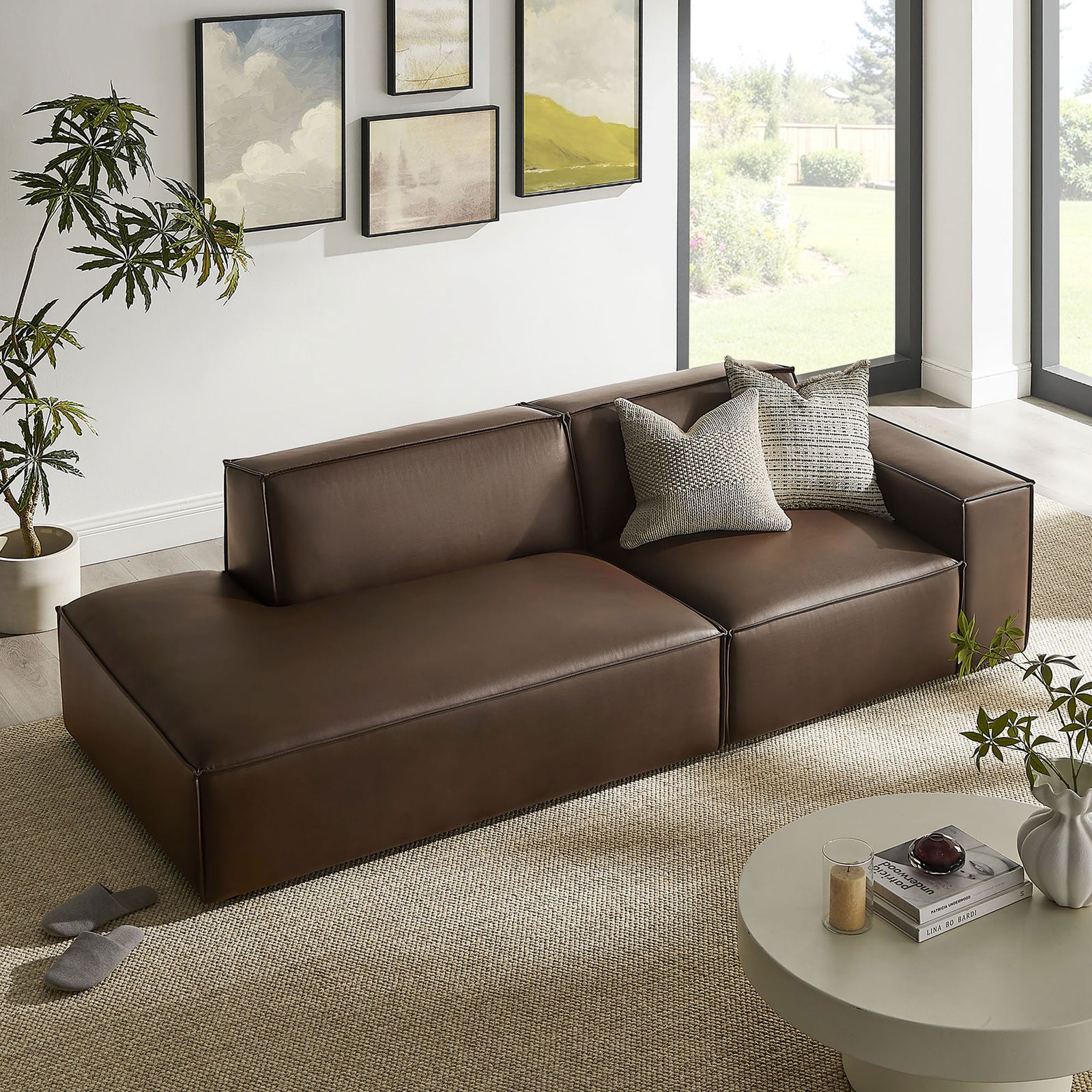 Espresso vegan leather modular loveseat anchoring a bright modern living room with left chaise || EEI-7428-ESP || front_angle_room
