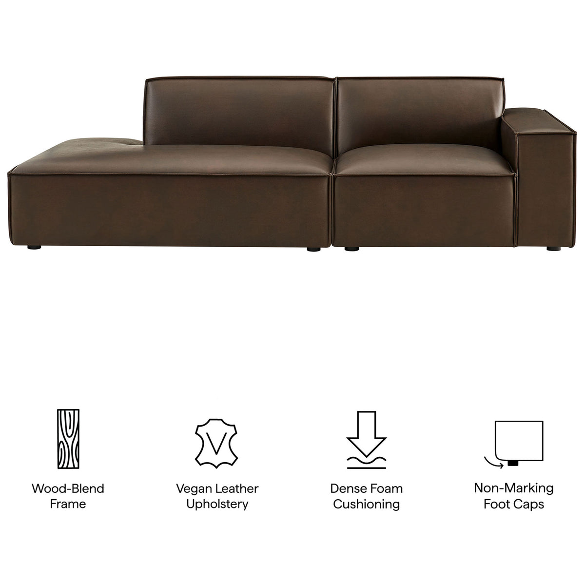 Key features of the espresso vegan leather loveseat including wood-blend frame and foot caps || EEI-7428-ESP || callout_studio