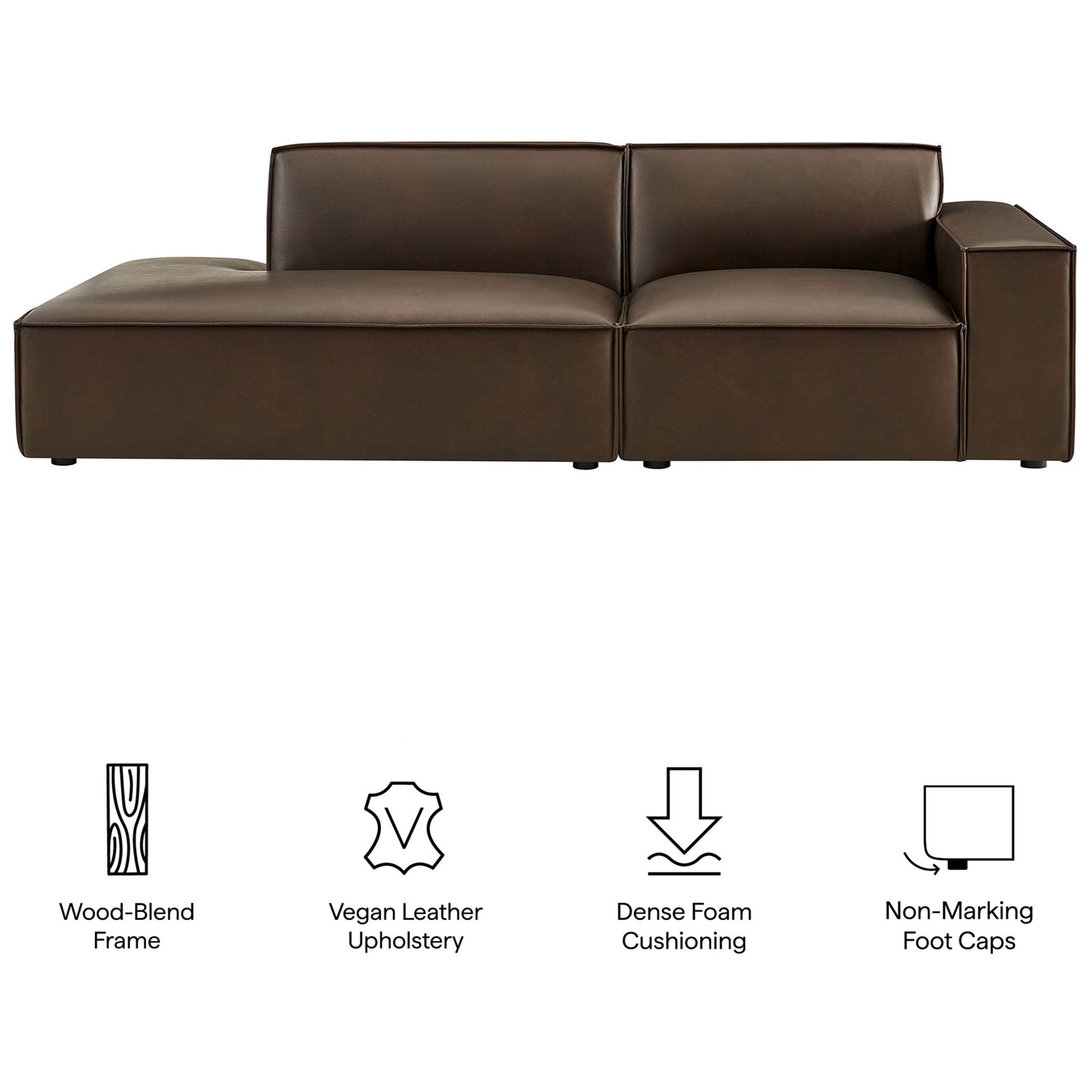 Key features of the espresso vegan leather loveseat including wood-blend frame and foot caps || EEI-7428-ESP || callout_studio