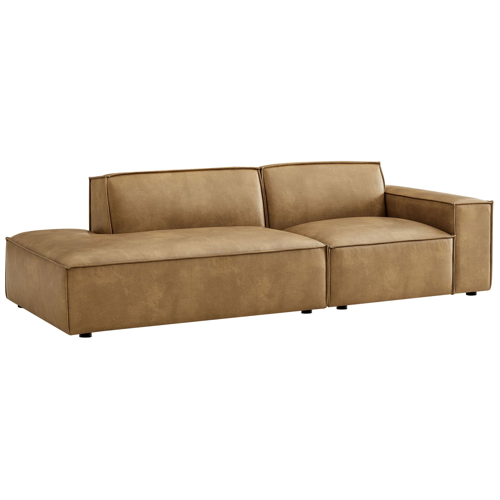 Toast vegan leather modular loveseat with left-side chaise layout and generously padded seats. || EEI-7428-TST || front_angle_studio