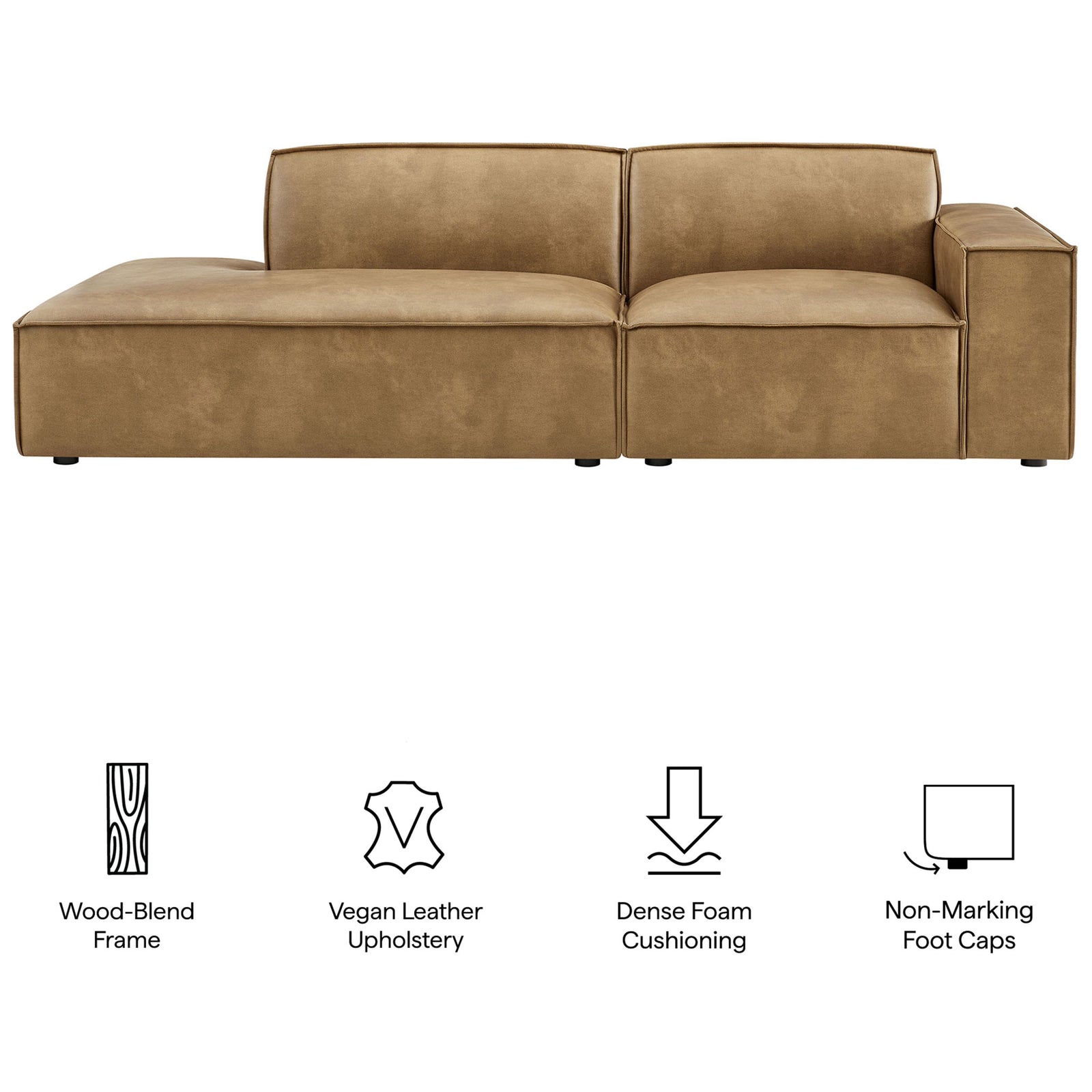 Feature overview of the left-chaise modular loveseat with icons for vegan leather, cushioning, frame, and feet. || EEI-7428-TST || callout_studio