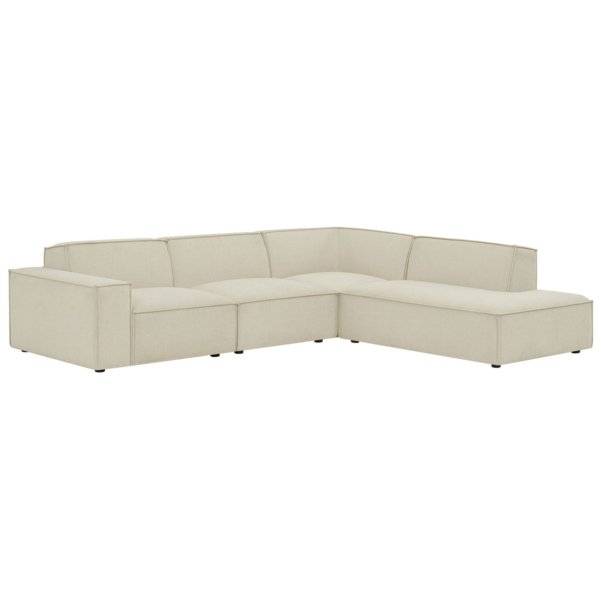Minimalist ecru modular L-shaped sectional sofa with right chaise and wide arm in performance fabric || EEI-7429-ECR || front_angle_studio