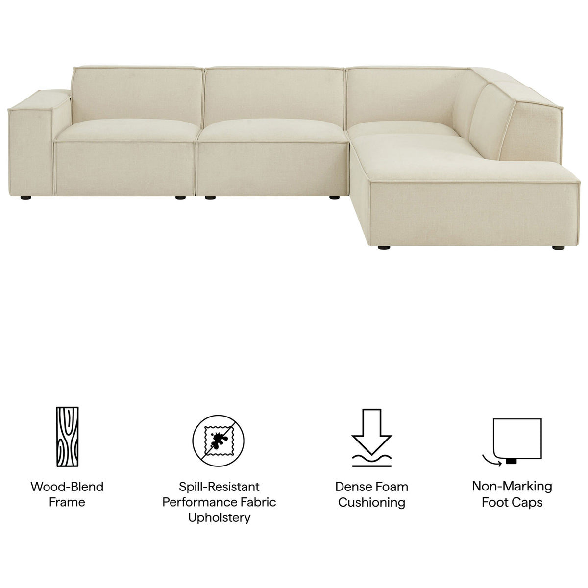 Restore sectional feature highlights including wood-blend frame, performance fabric, and non-marking foot caps || EEI-7429-ECR || callout_studio
