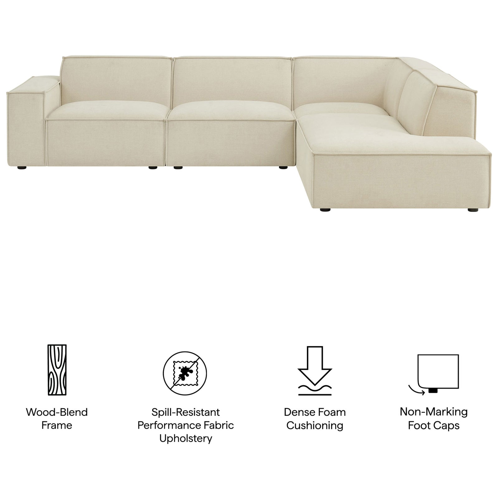 Restore sectional feature highlights including wood-blend frame, performance fabric, and non-marking foot caps || EEI-7429-ECR || callout_studio
