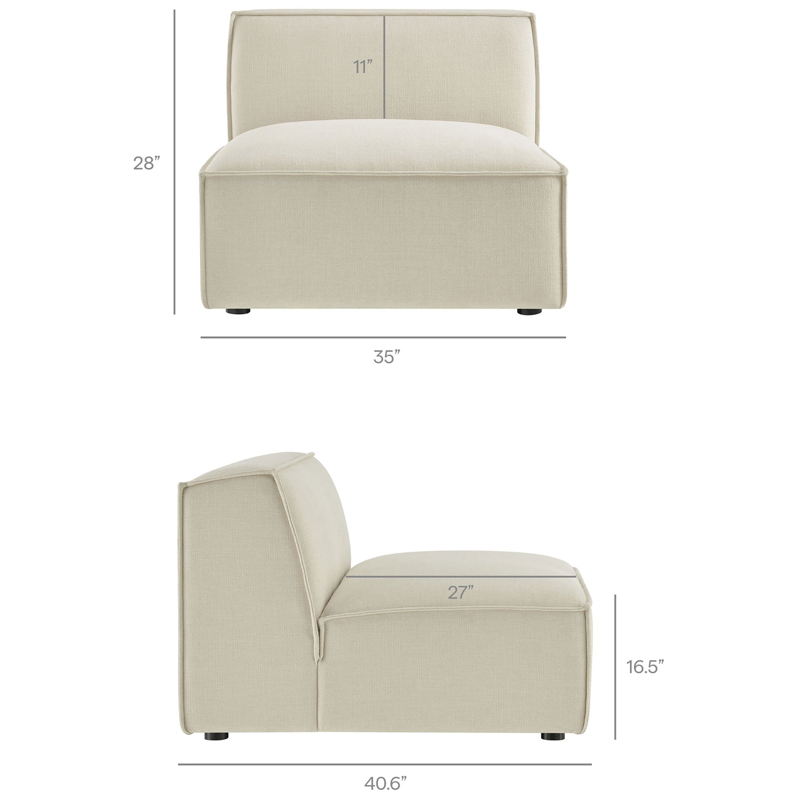 Dimensions of the modular armless seat used within the flexible Restore sectional system || EEI-7429-ECR || dimension_studio