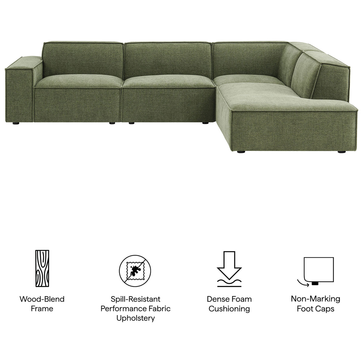 Restore foliage green modular sectional sofa offers performance upholstery, dense cushioning, and non-marking foot caps || EEI-7429-FOL || callout_studio