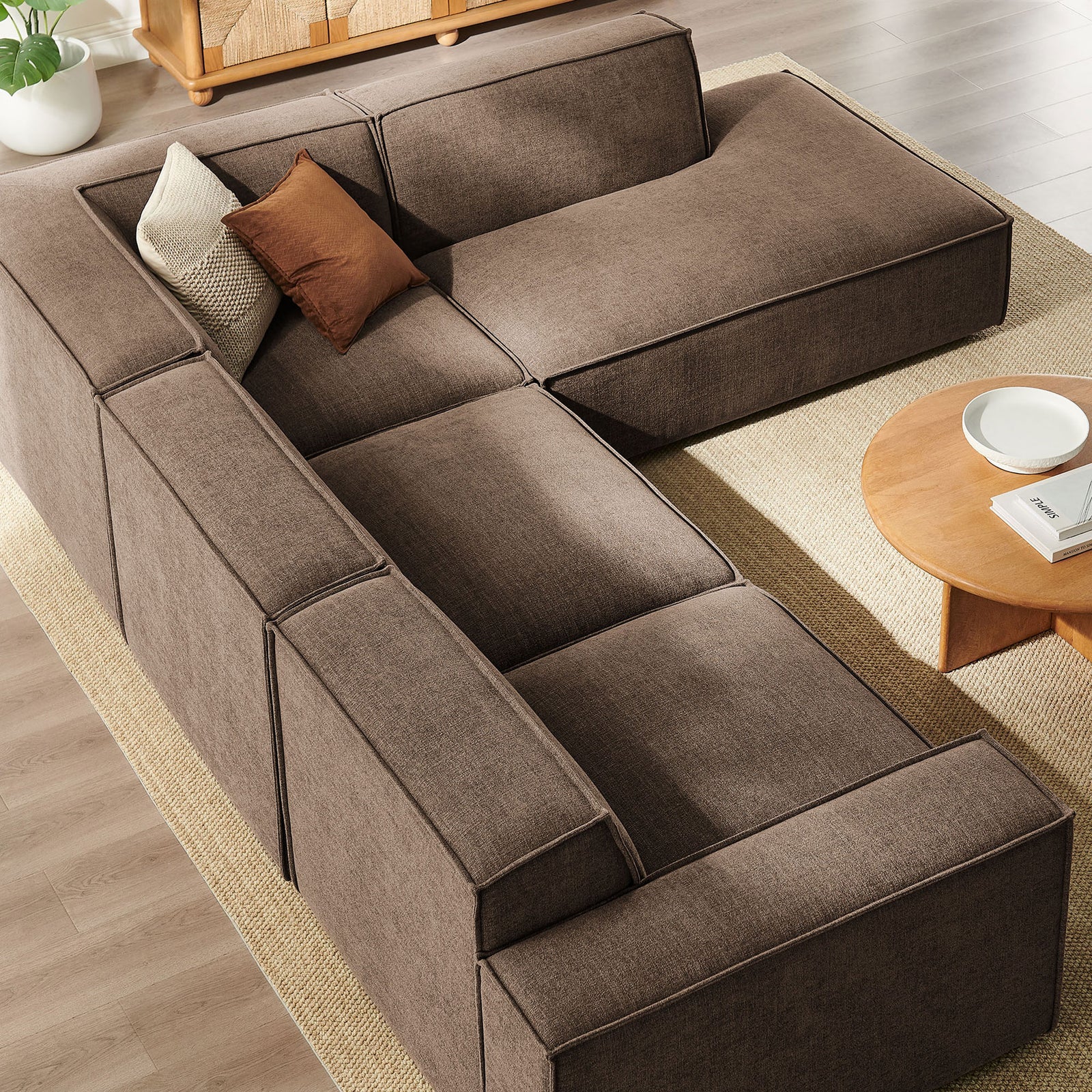 Broad seat cushions and generous chaise depth offer sink-in comfort for lounging and naps || EEI-7429-MOC || top_angle_room