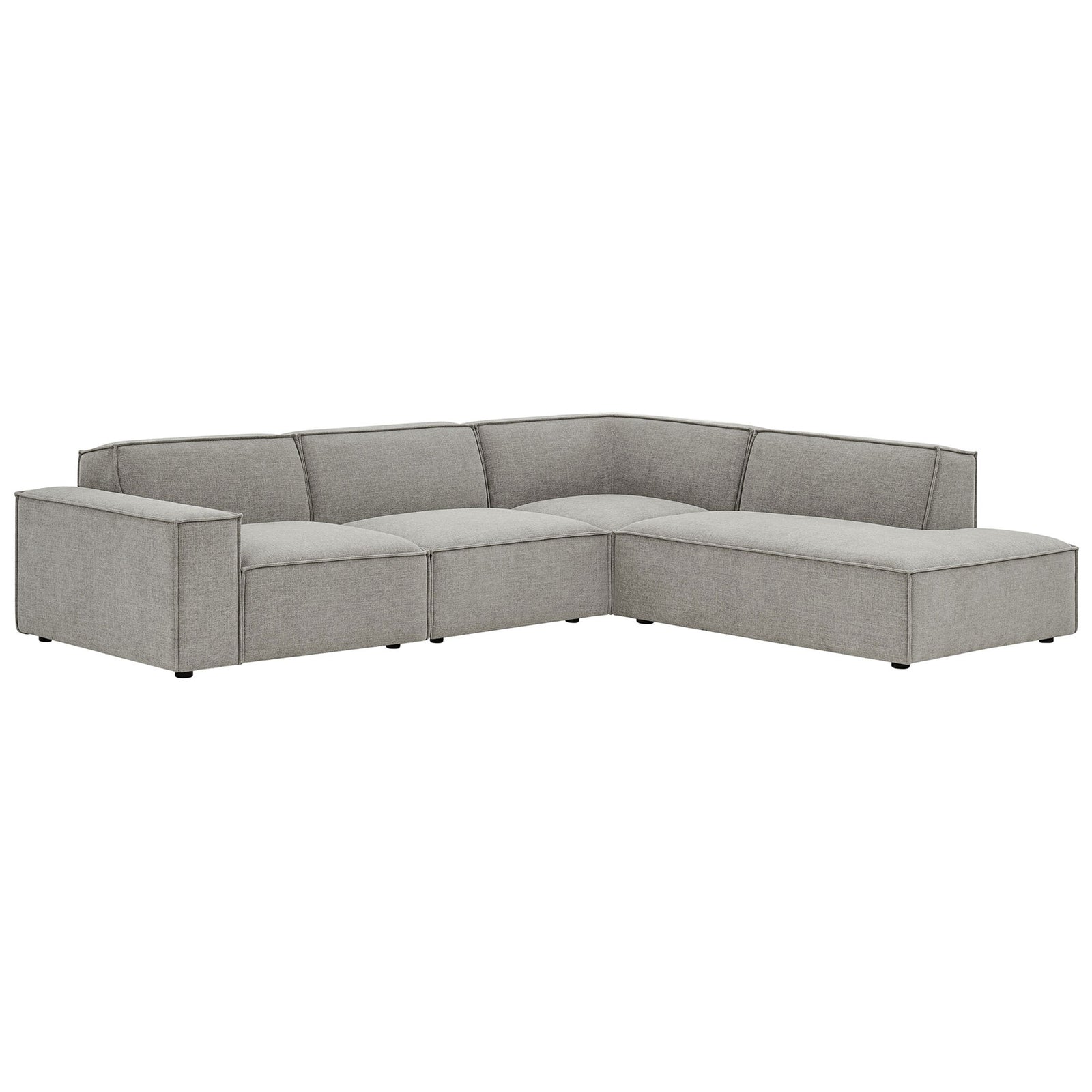 Low-profile modular sofa sectional in pewter fabric featuring roomy chaise lounge and deep seating || EEI-7429-PEW || front_angle_studio