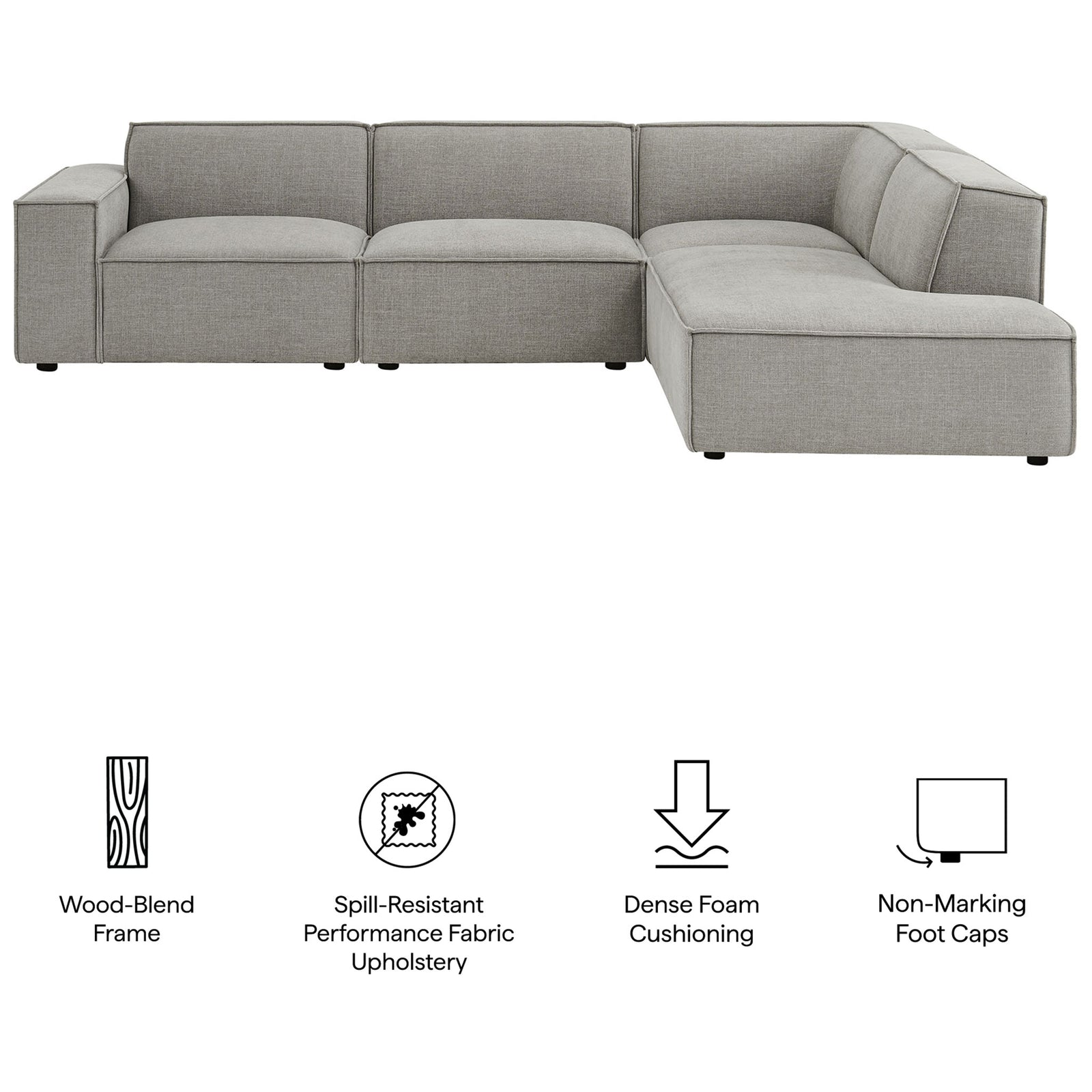 Restore sectional sofa with icons highlighting wood-blend frame, spill-resistant fabric, and plush cushioning || EEI-7429-PEW || callout_studio