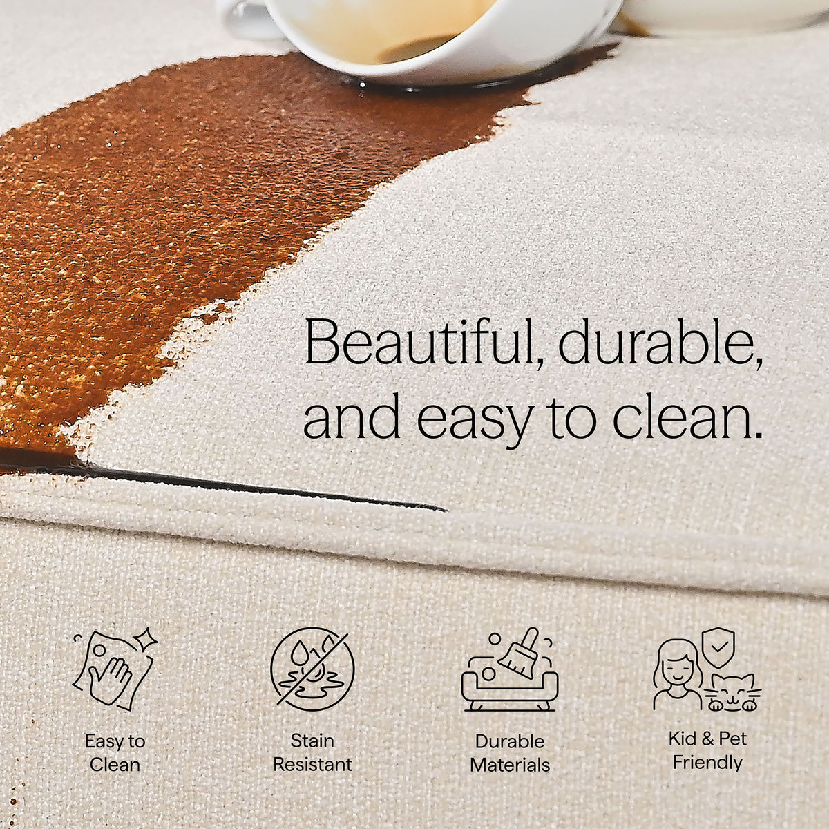 Performance upholstery fabric beading liquid on the surface to demonstrate durable, easy-clean construction || EEI-7429-PEW || callout_studio
