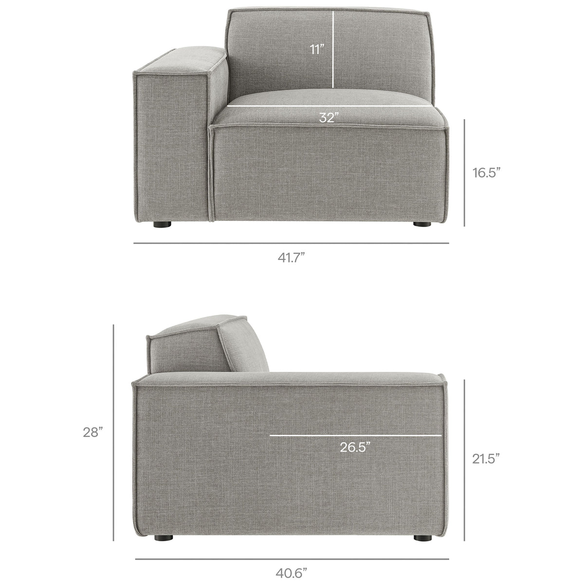 Armchair module with squared armrest detailed with printed seat width and depth dimension lines || EEI-7429-PEW || dimension_studio