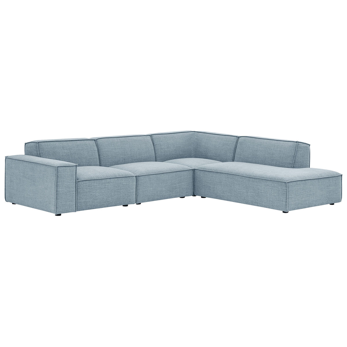 Low-profile sky blue modular sectional with right chaise and tailored piping on the cushions || EEI-7429-SKY || front_angle_studio