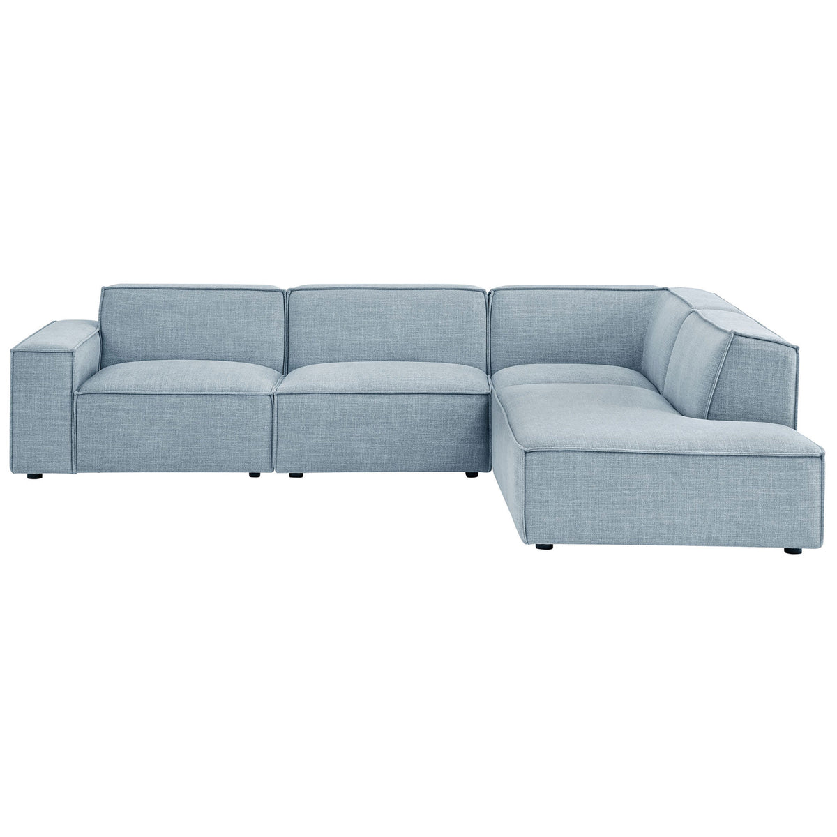 Sky blue modular L-shaped sectional sofa with right-facing chaise and broad track arms || EEI-7429-SKY || front_studio