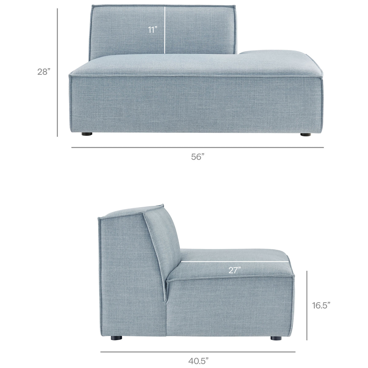 Chaise lounge module dimensions with extra-long seat for stretching out in comfort || EEI-7429-SKY || dimension_studio