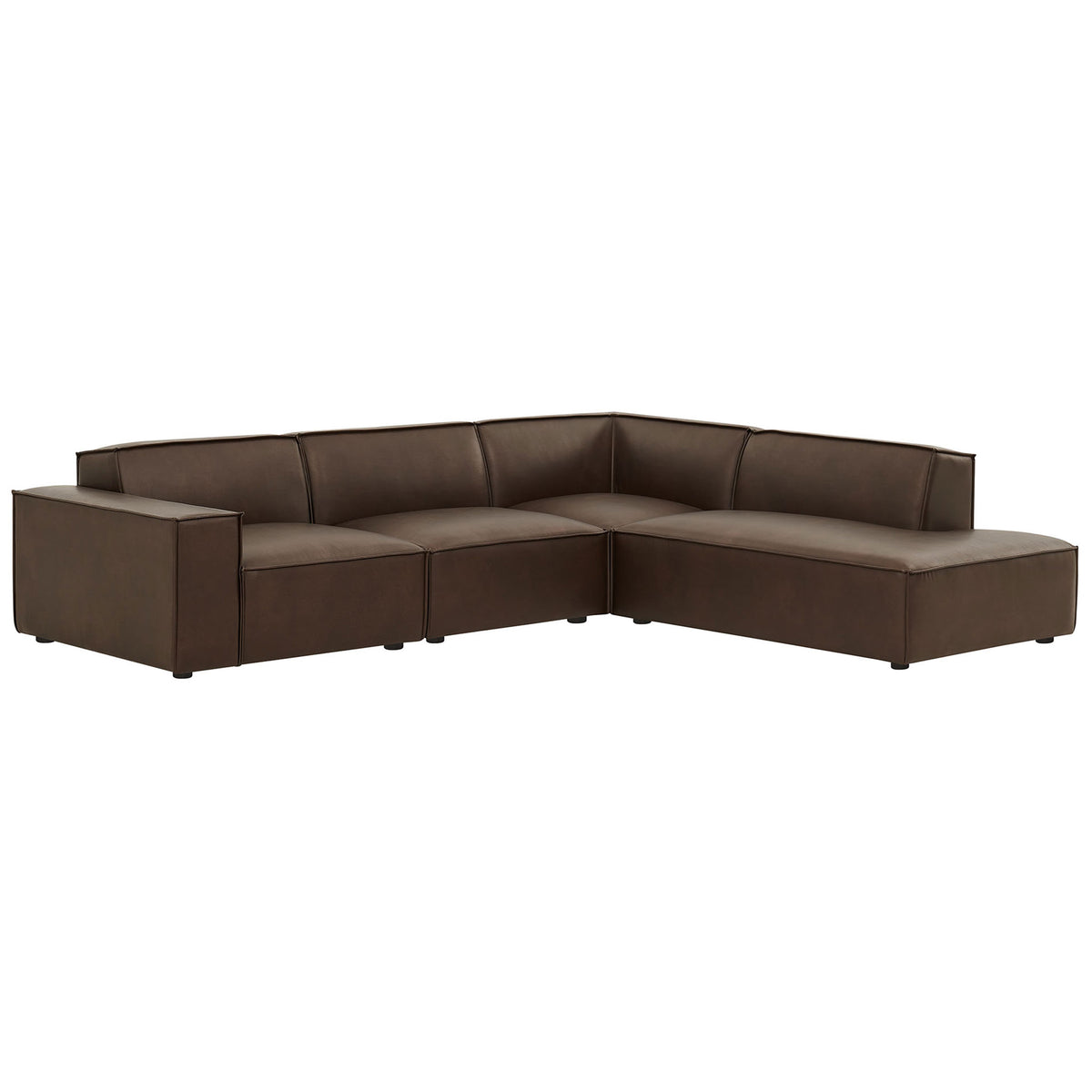 Low-profile espresso vegan leather modular sectional with right chaise and refined French piping for a clean contemporary look || EEI-7430-ESP || front_angle_studio