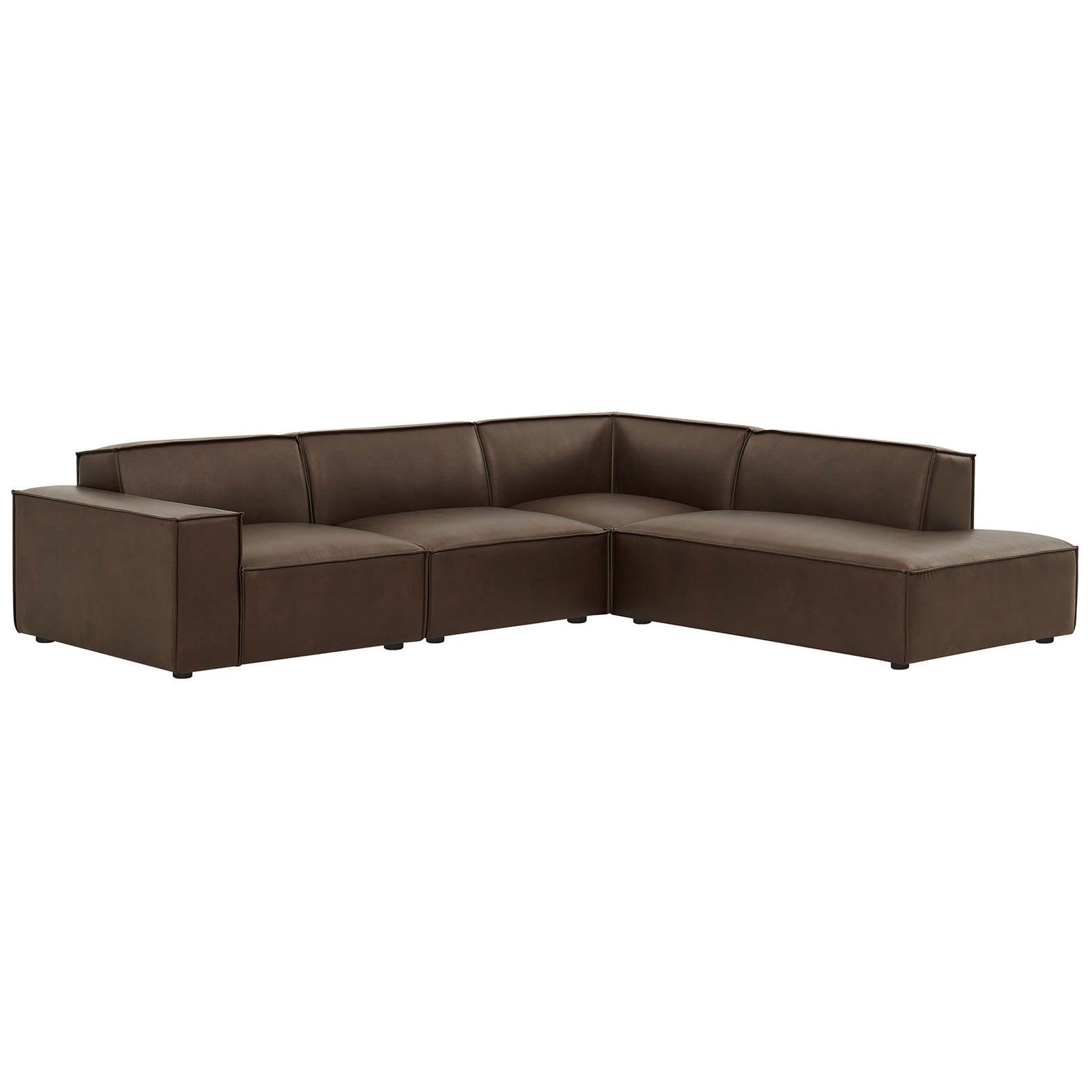 Low-profile espresso vegan leather modular sectional with right chaise and refined French piping for a clean contemporary look || EEI-7430-ESP || front_angle_studio