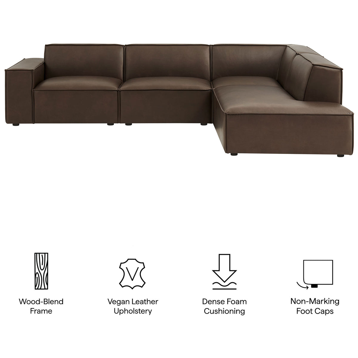 Feature graphic highlighting the Restore espresso vegan leather sectional's wood-blend frame, dense cushioning, and non-marking feet || EEI-7430-ESP || callout_studio